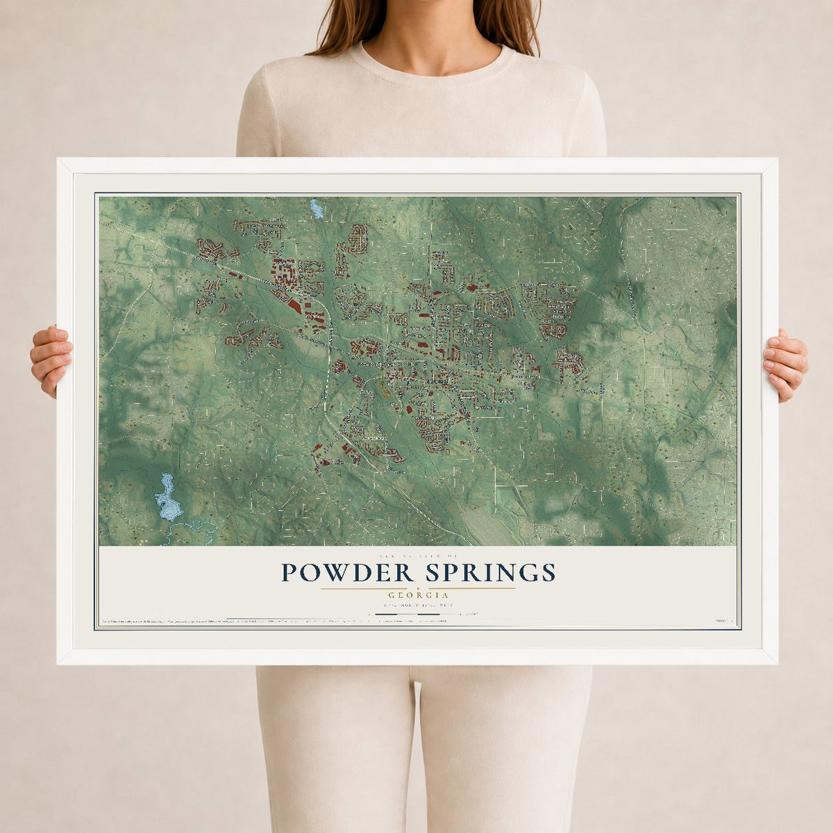 Powder Springs, Georgia map print, 24" x 36" W/ White Ayous Wood Frame mockup