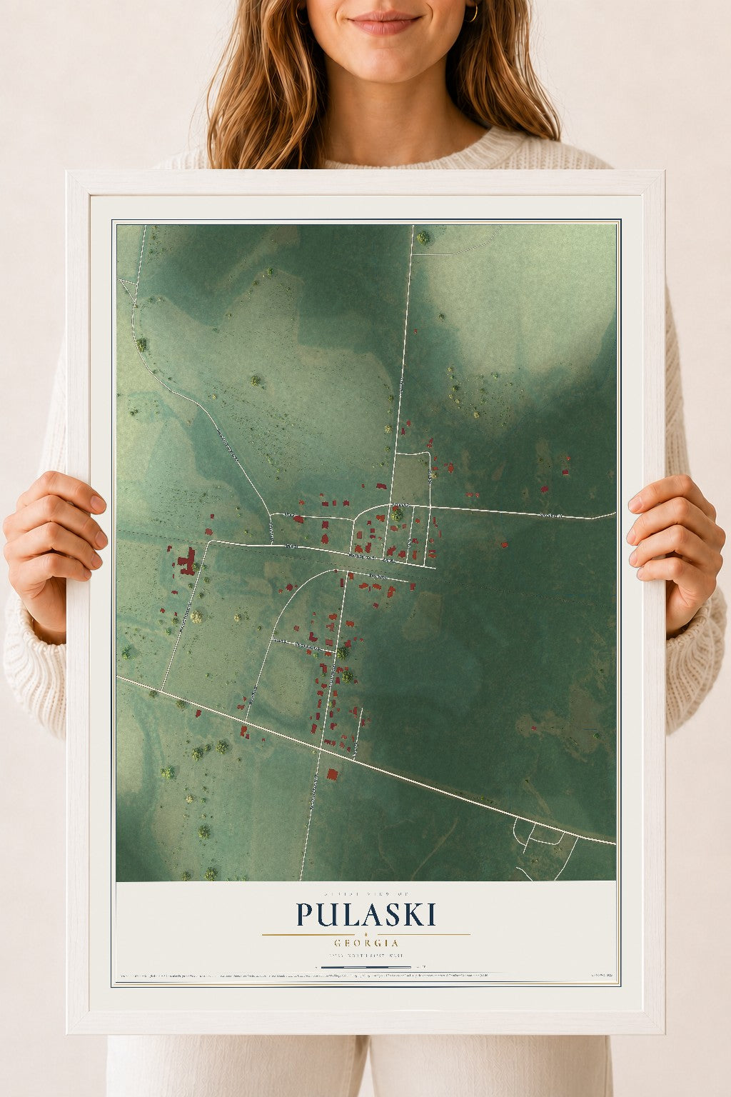 Pulaski, Georgia map print, 18" x 24" W/ White Ayous Wood Frame mockup