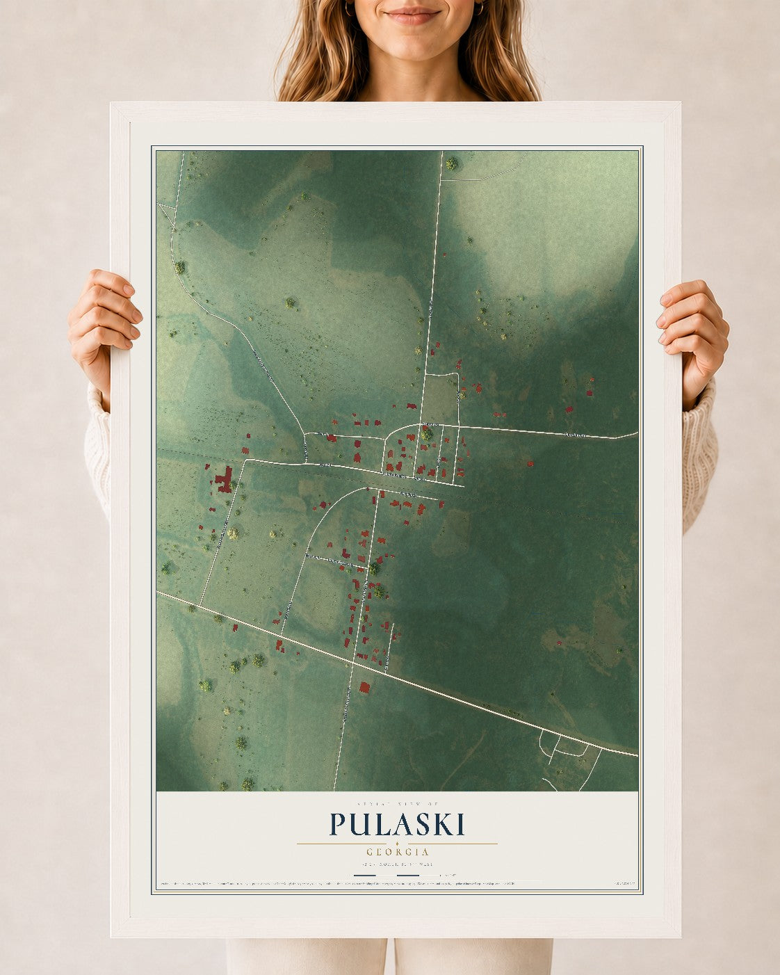 Pulaski, Georgia map print, 24" x 36" W/ White Ayous Wood Frame mockup