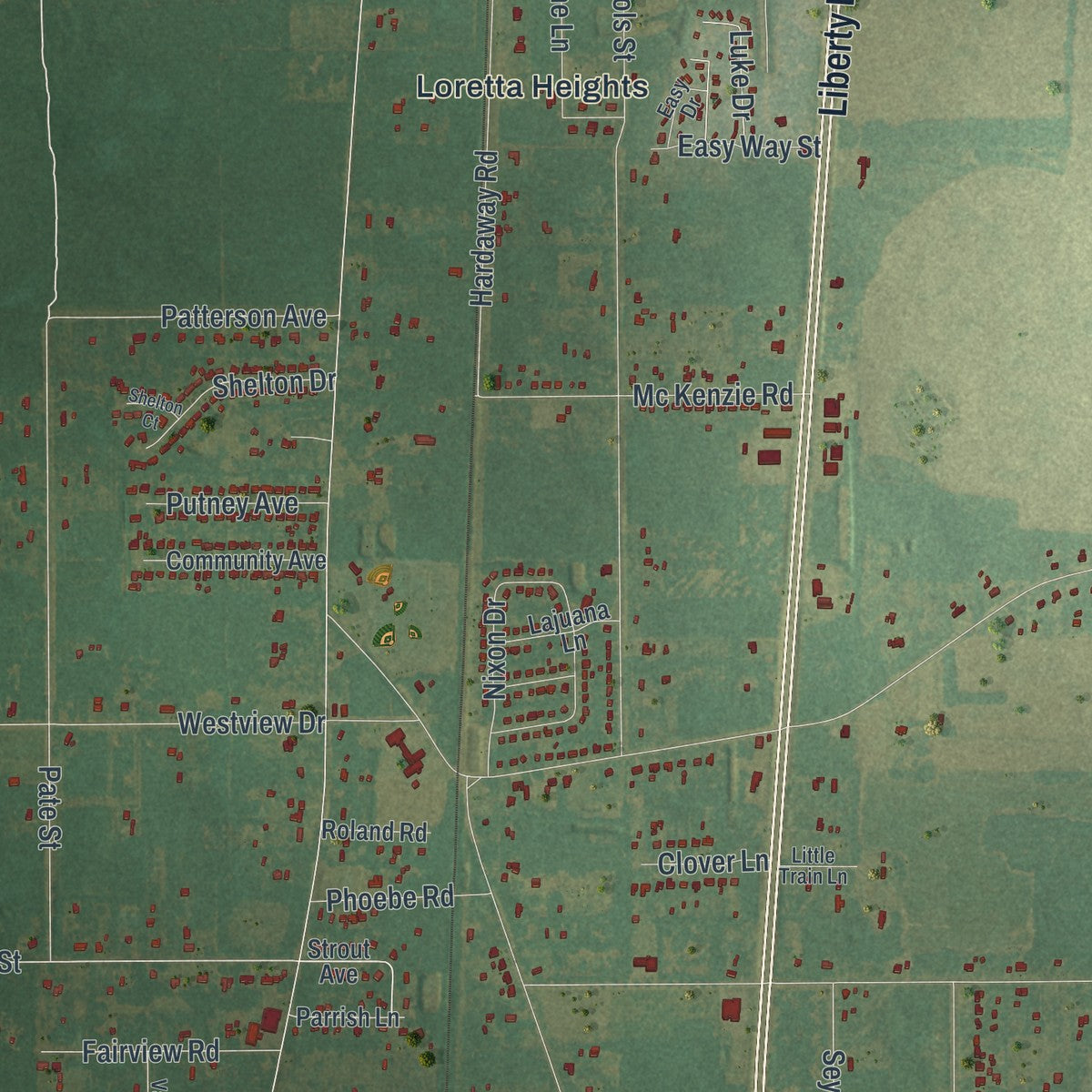 Close-up of the map of Putney, Georgia print showing street and building detail