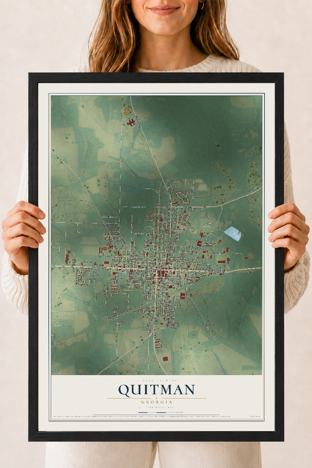 Quitman, Georgia map print, 18" x 24" W/ Black Ayous Wood Frame mockup