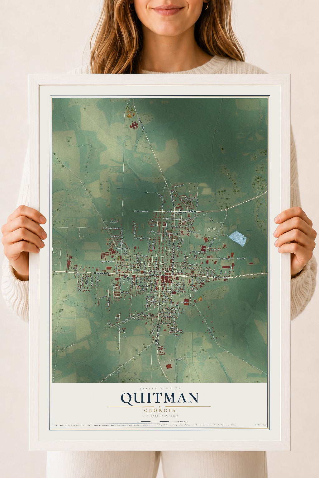 Quitman, Georgia map print, 18" x 24" W/ White Ayous Wood Frame mockup