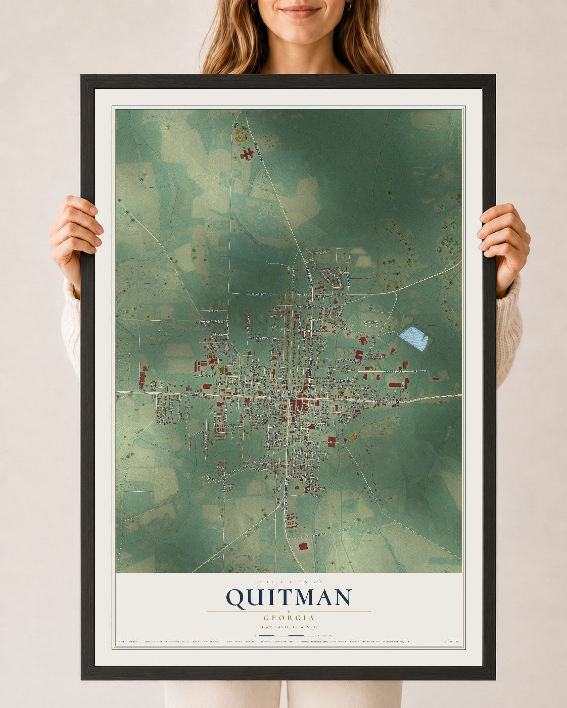 Quitman, Georgia map print, 24" x 36" W/ Black Ayous Wood Frame mockup