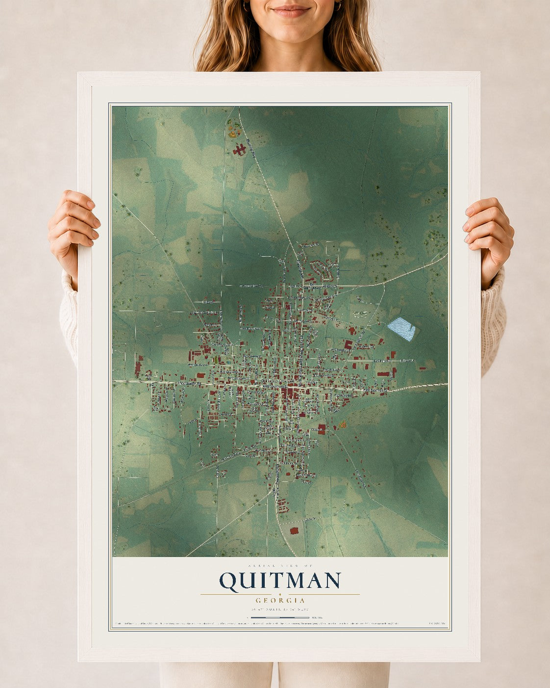 Quitman, Georgia map print, 24" x 36" W/ White Ayous Wood Frame mockup