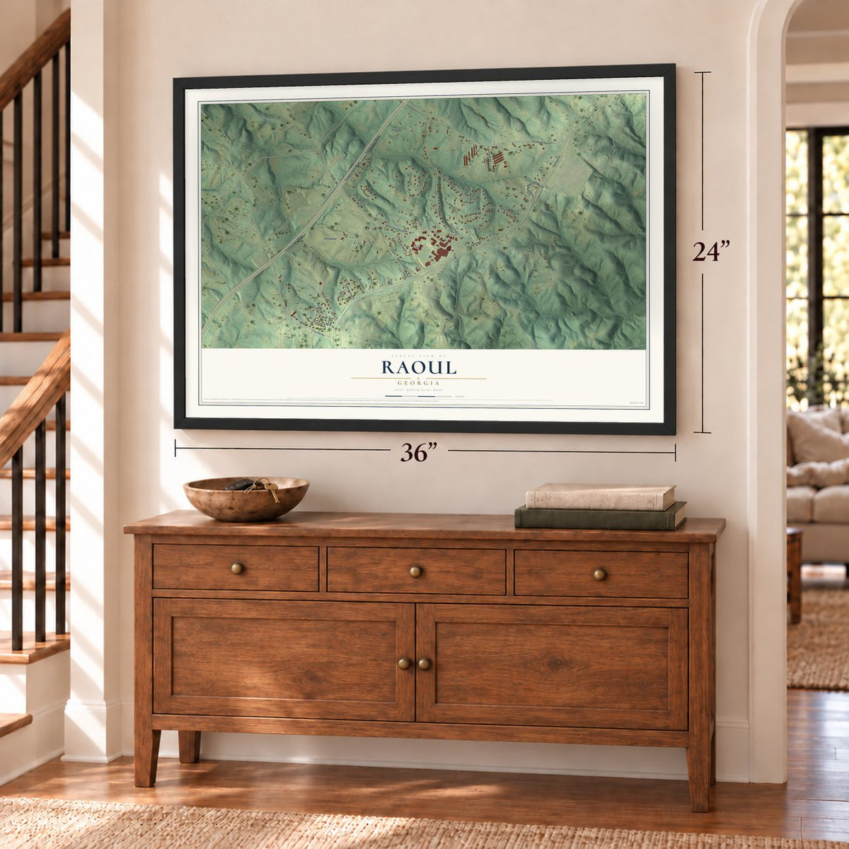 Raoul, Georgia map, 24 x 36 inch print in a black frame above a dresser by a staircase