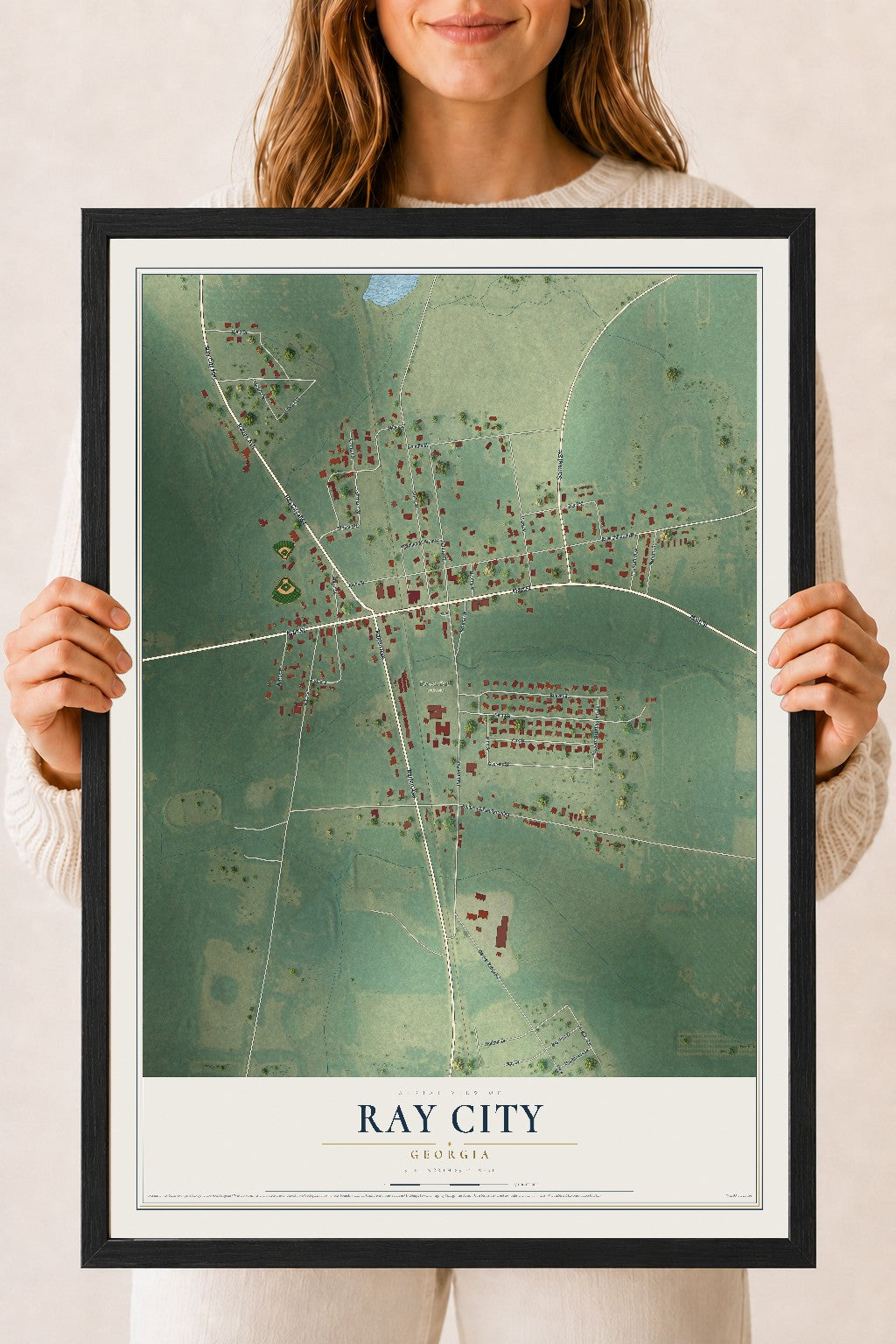 Ray City, Georgia map print, 18" x 24" W/ Black Ayous Wood Frame mockup