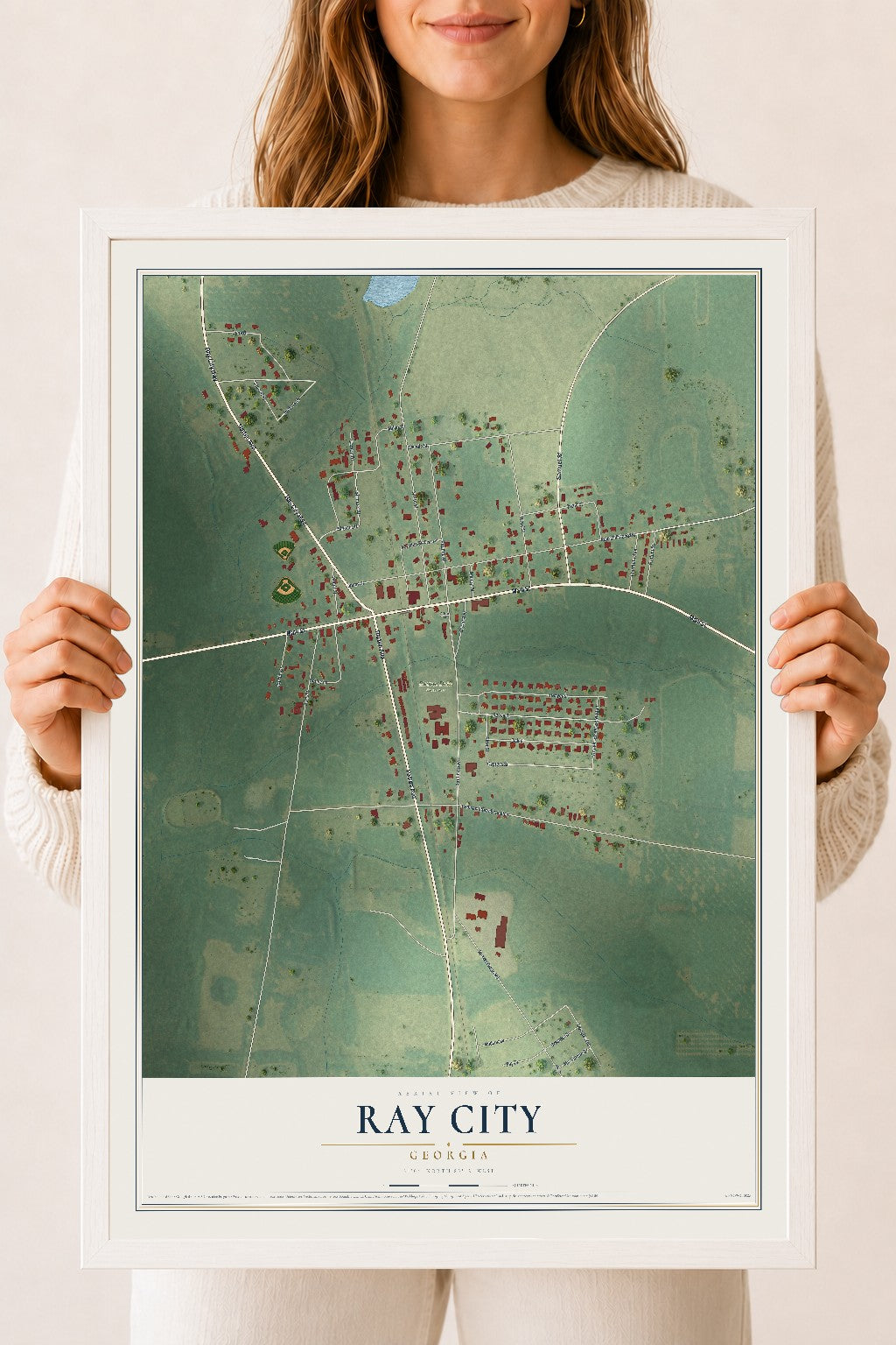 Ray City, Georgia map print, 18" x 24" W/ White Ayous Wood Frame mockup