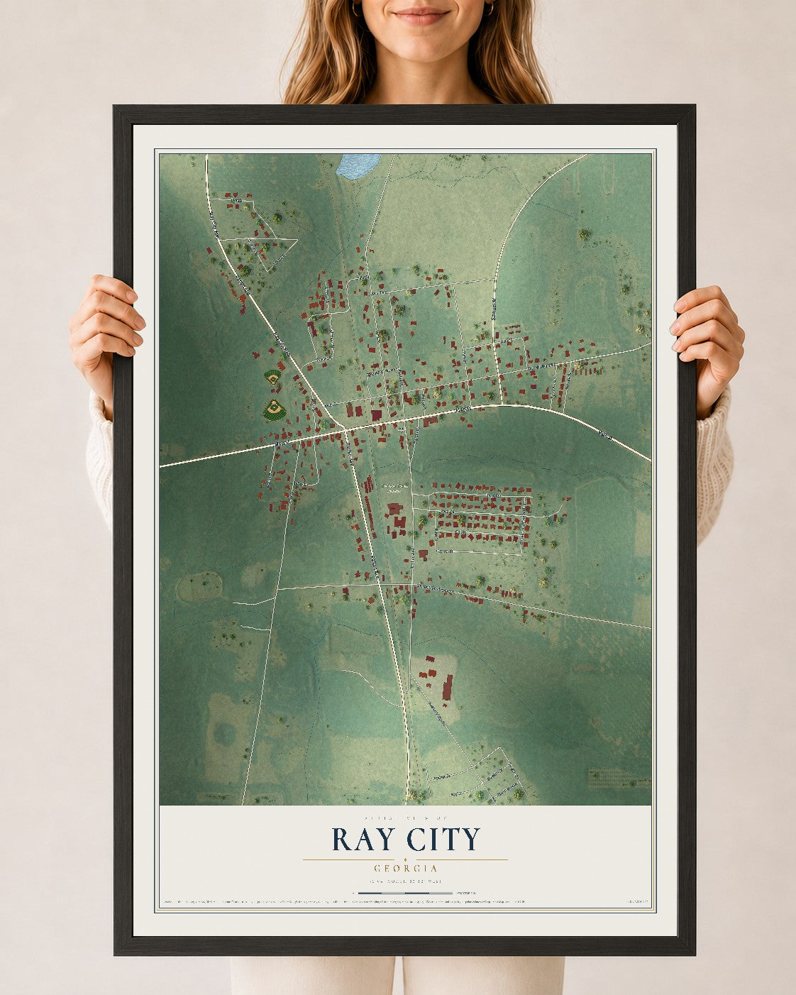 Ray City, Georgia map print, 24" x 36" W/ Black Ayous Wood Frame mockup