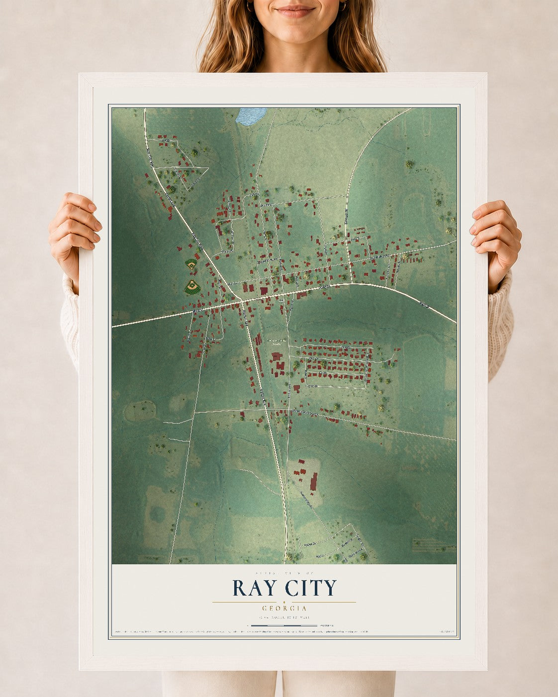Ray City, Georgia map print, 24" x 36" W/ White Ayous Wood Frame mockup