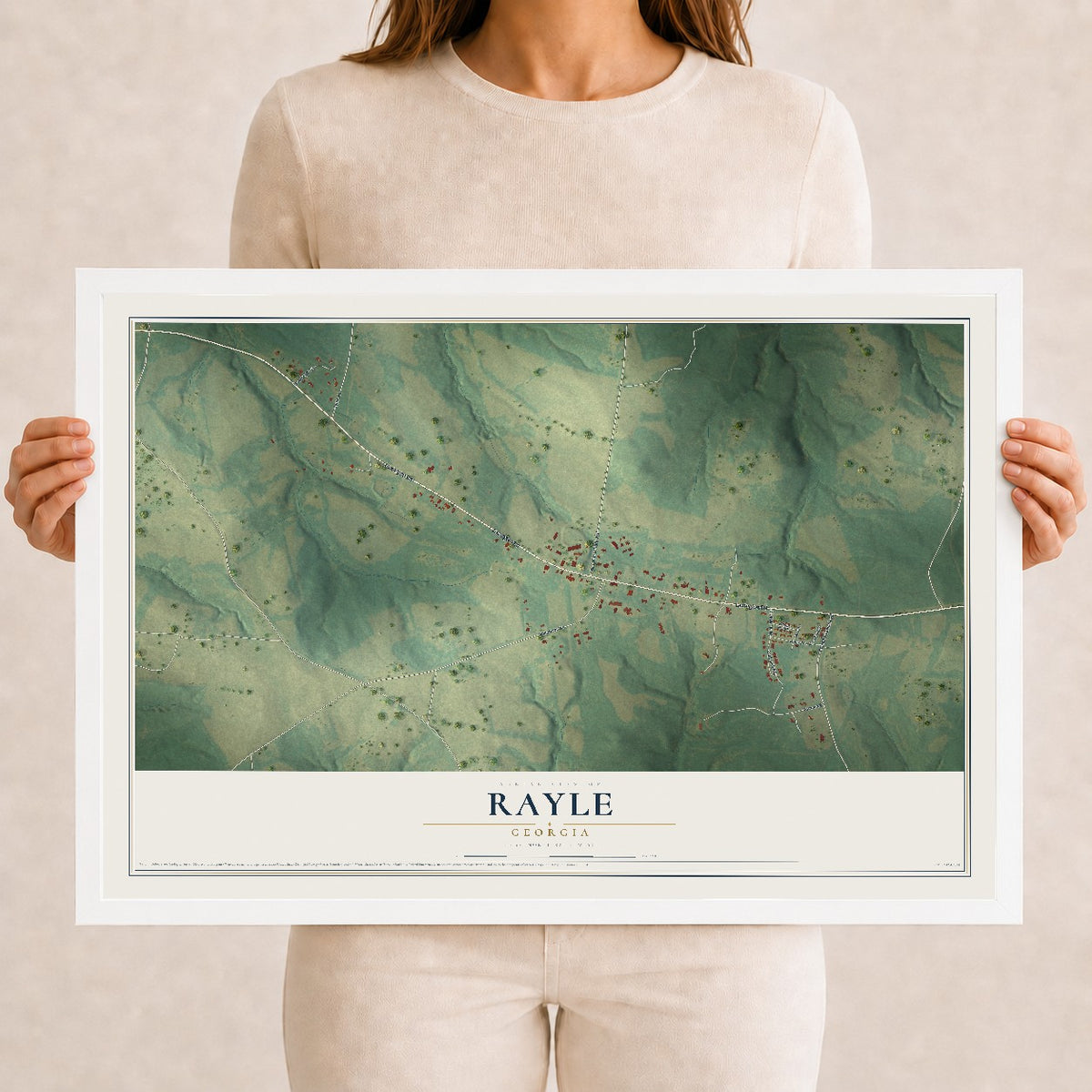 Rayle, Georgia map print, 12" x 18" W/ White Ayous Wood Frame mockup