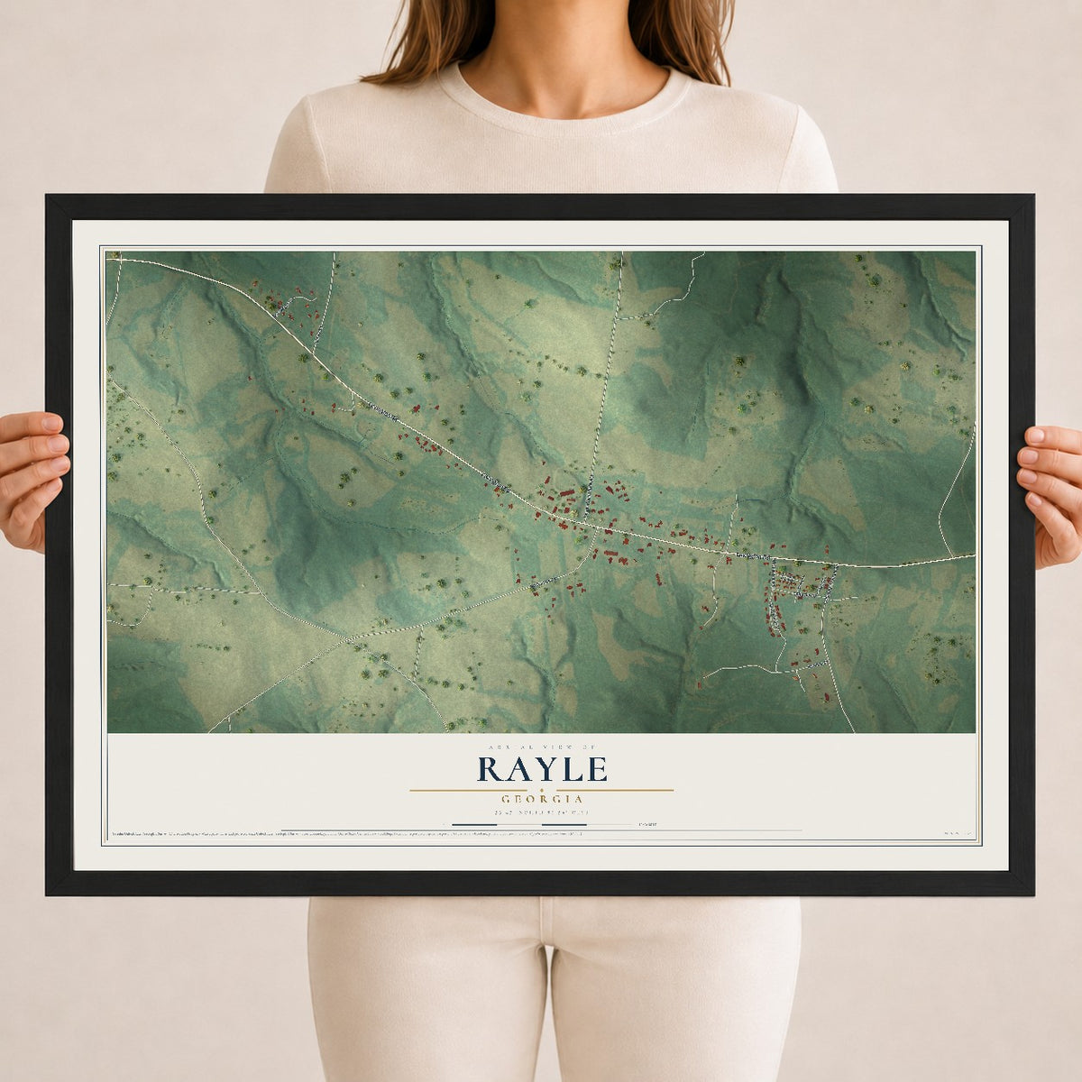 Rayle, Georgia map print, 18" x 24" W/ Black Ayous Wood Frame mockup