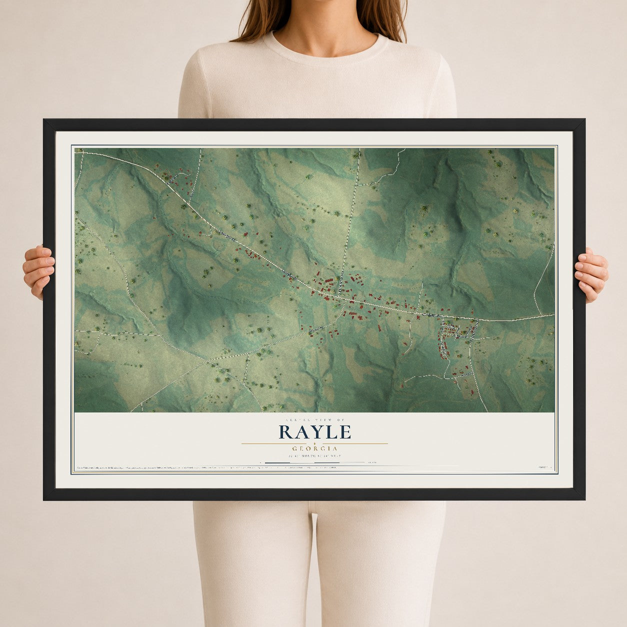 Rayle, Georgia map print, 24" x 36" W/ Black Ayous Wood Frame mockup