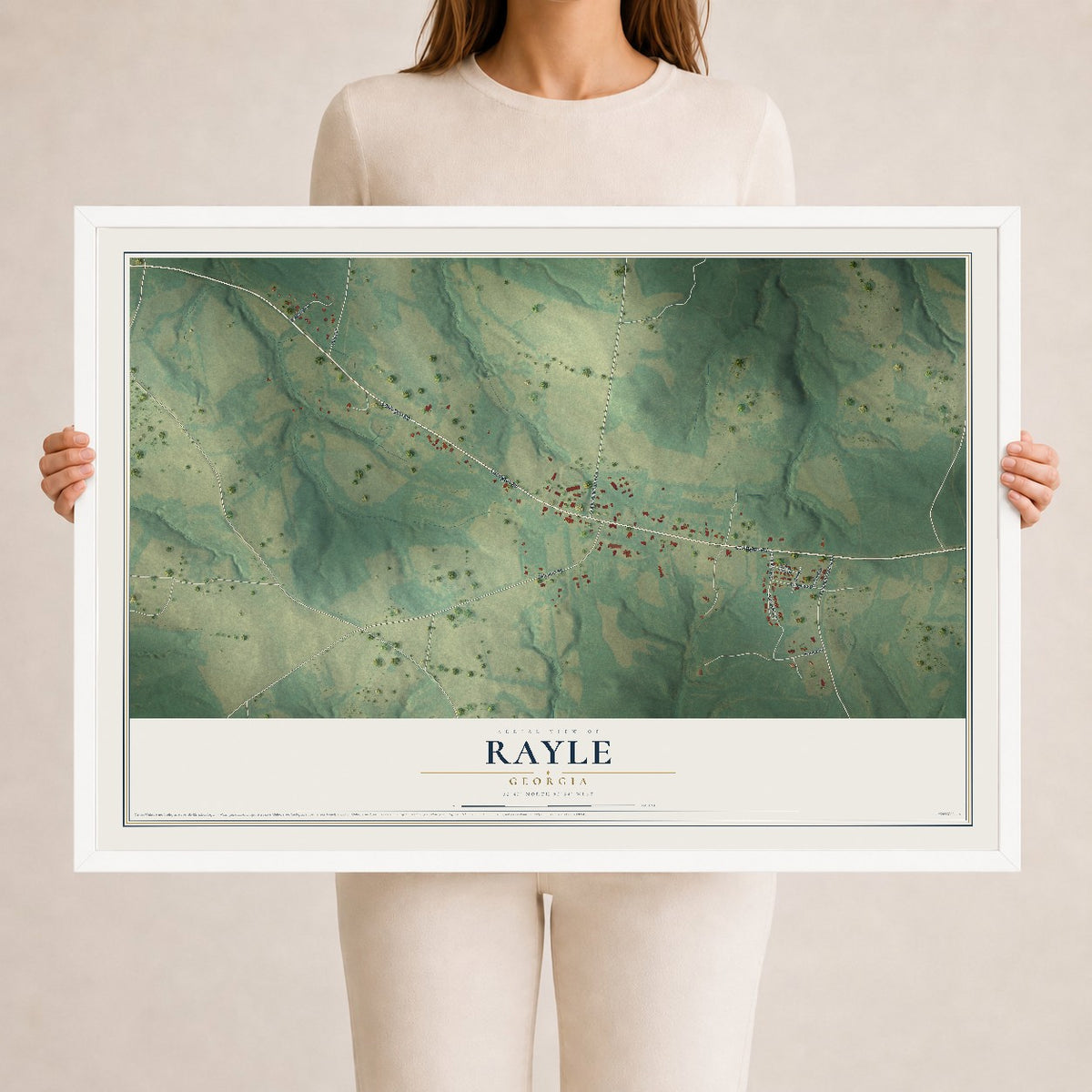 Rayle, Georgia map print, 24" x 36" W/ White Ayous Wood Frame mockup