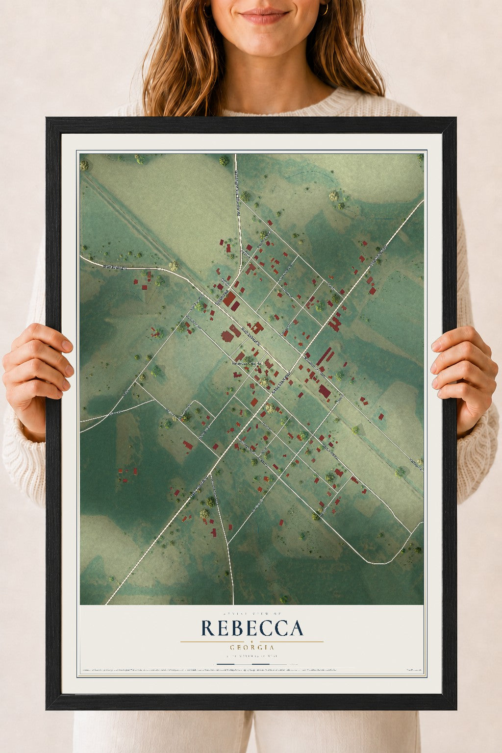 Rebecca, Georgia map print, 18" x 24" W/ Black Ayous Wood Frame mockup