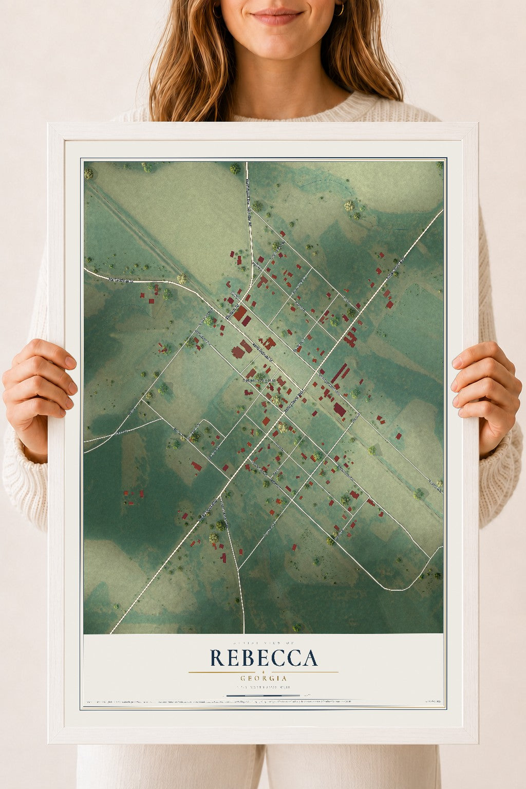 Rebecca, Georgia map print, 18" x 24" W/ White Ayous Wood Frame mockup