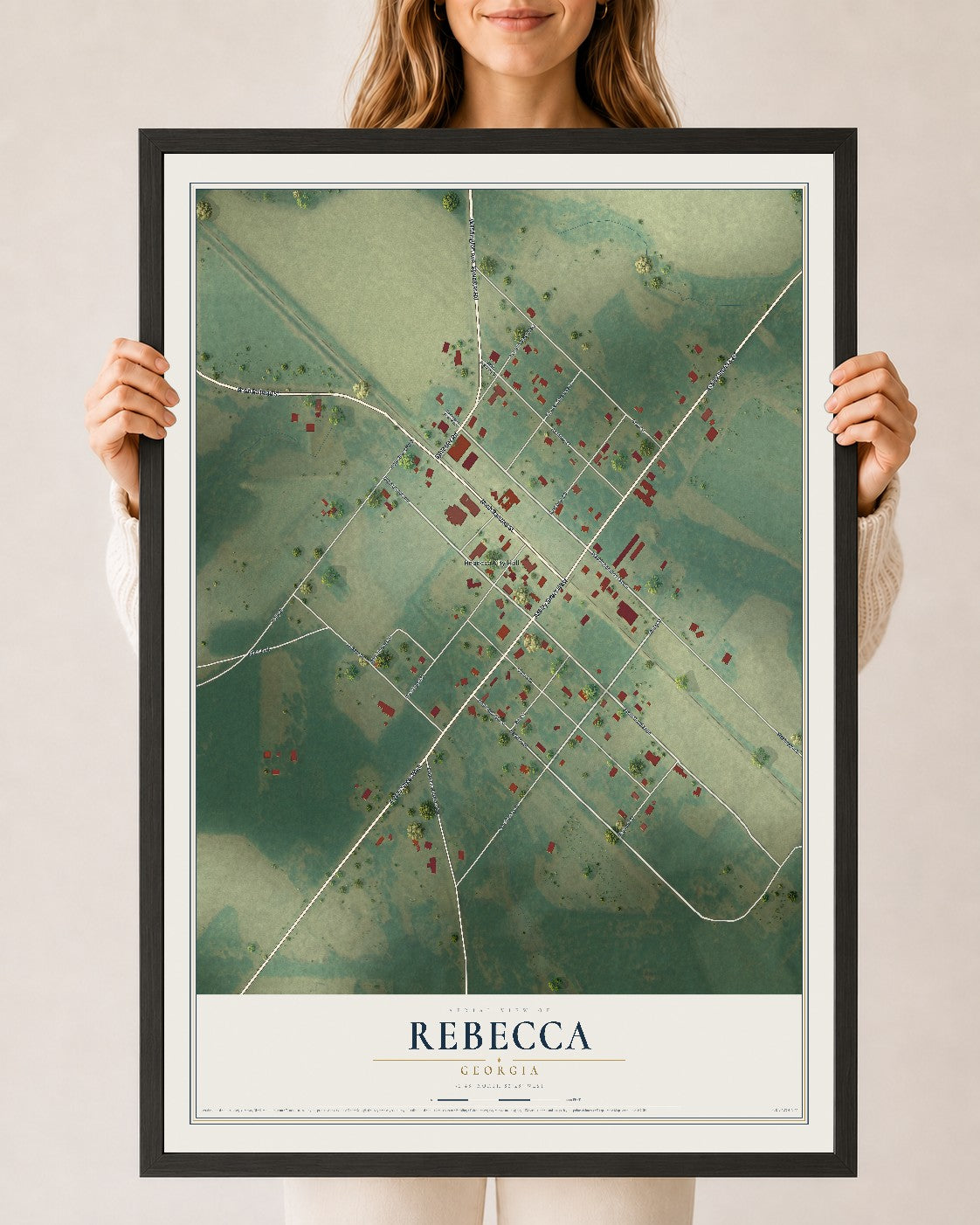 Rebecca, Georgia map print, 24" x 36" W/ Black Ayous Wood Frame mockup