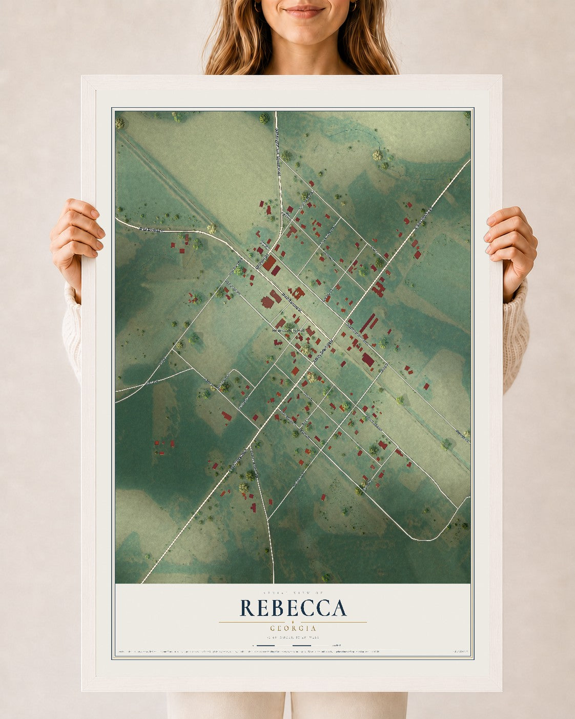 Rebecca, Georgia map print, 24" x 36" W/ White Ayous Wood Frame mockup