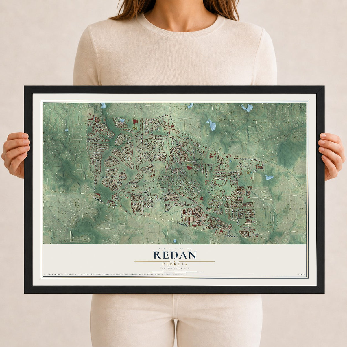 Redan, Georgia map print, 12" x 18" W/ Black Ayous Wood Frame mockup
