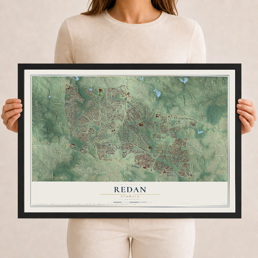 Map of Redan, Georgia, 12 x 18 inch print in a black wood frame