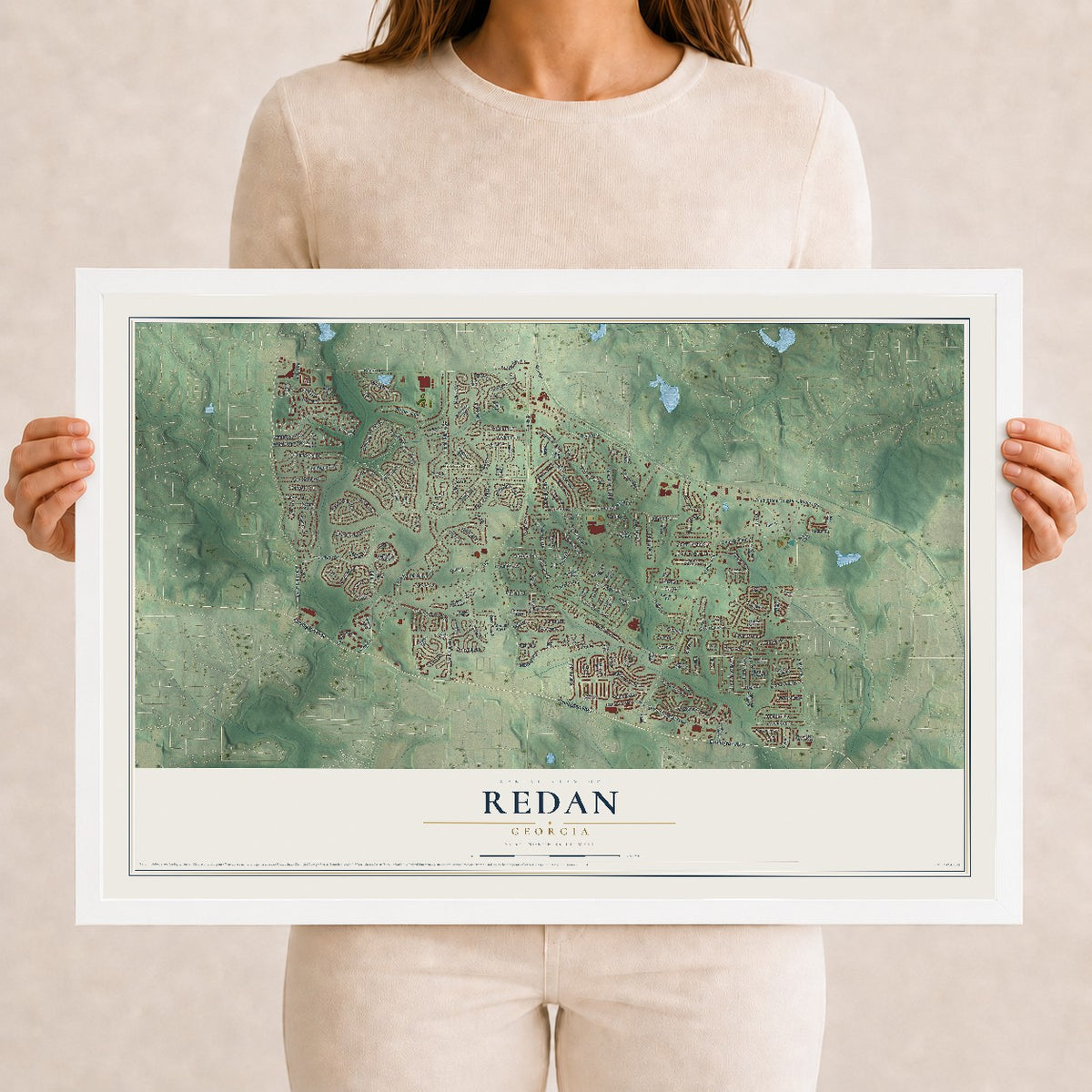 Redan, Georgia map print, 12" x 18" W/ White Ayous Wood Frame mockup