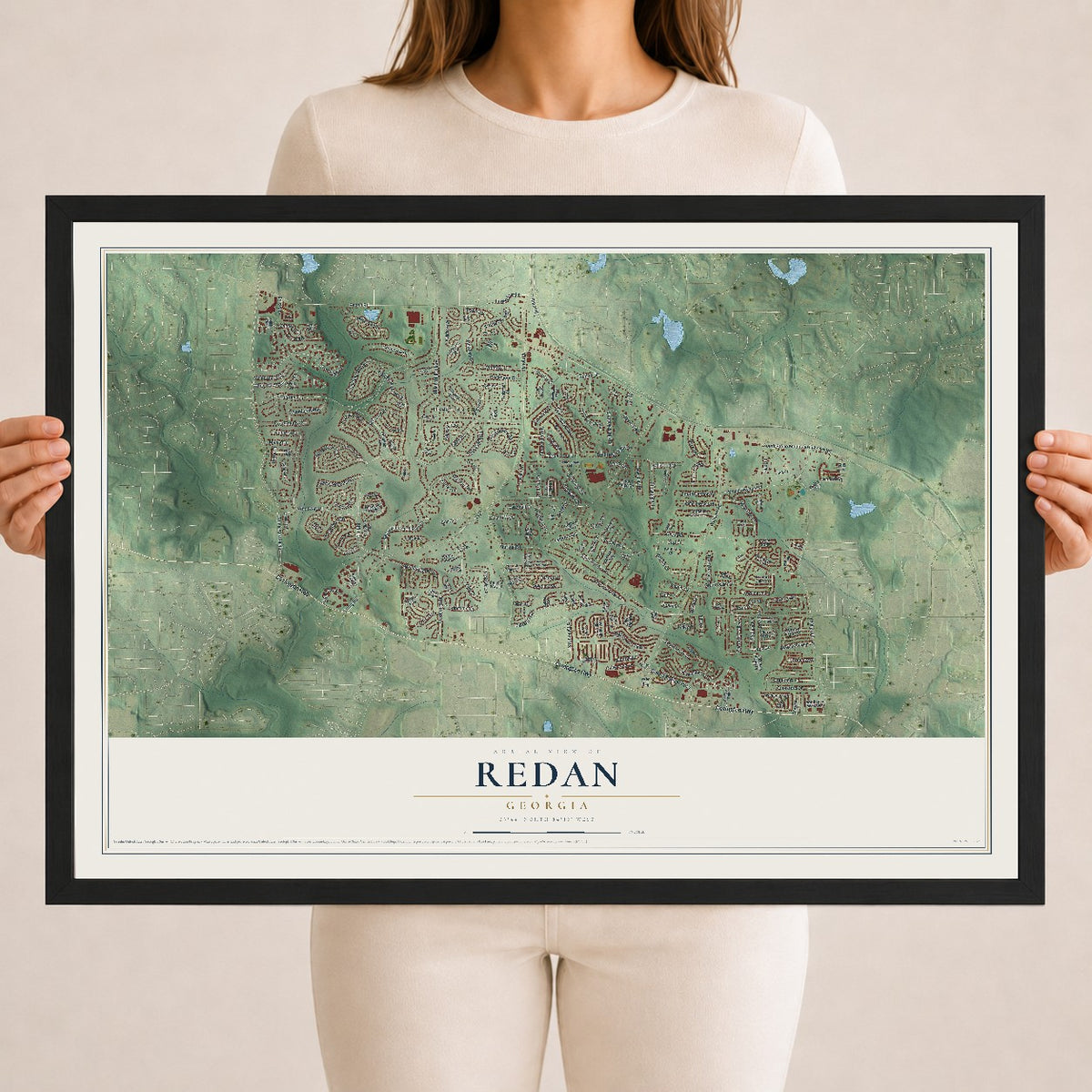 Redan, Georgia map print, 18" x 24" W/ Black Ayous Wood Frame mockup