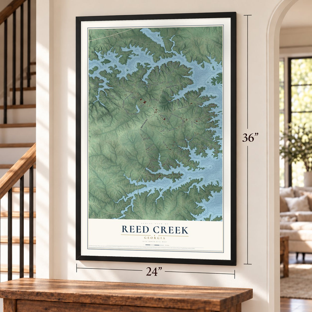 Reed Creek, Georgia map, 24 x 36 inch print in a black frame by a staircase