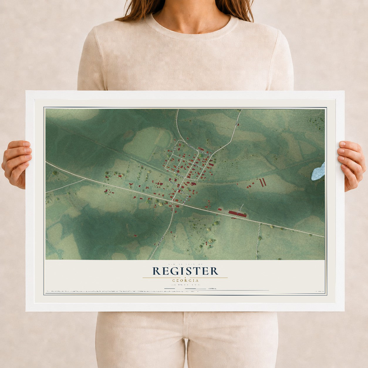 Register, Georgia map print, 12" x 18" W/ White Ayous Wood Frame mockup