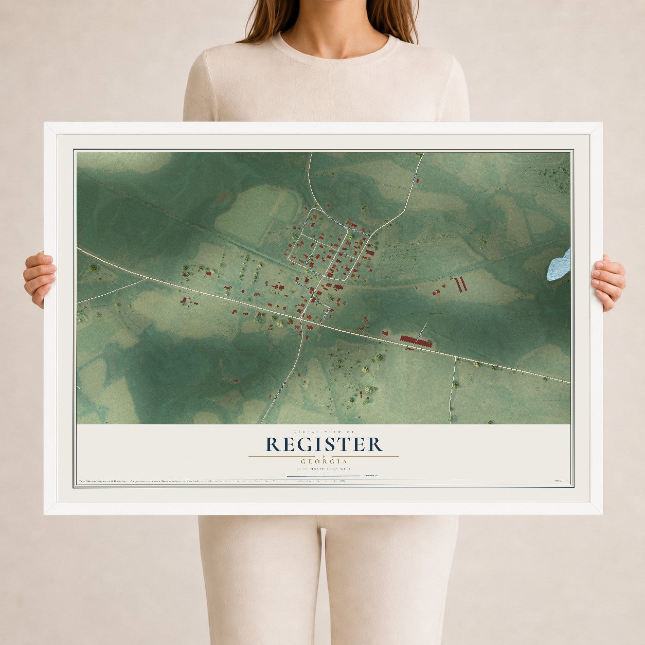Register, Georgia map print, 24" x 36" W/ White Ayous Wood Frame mockup