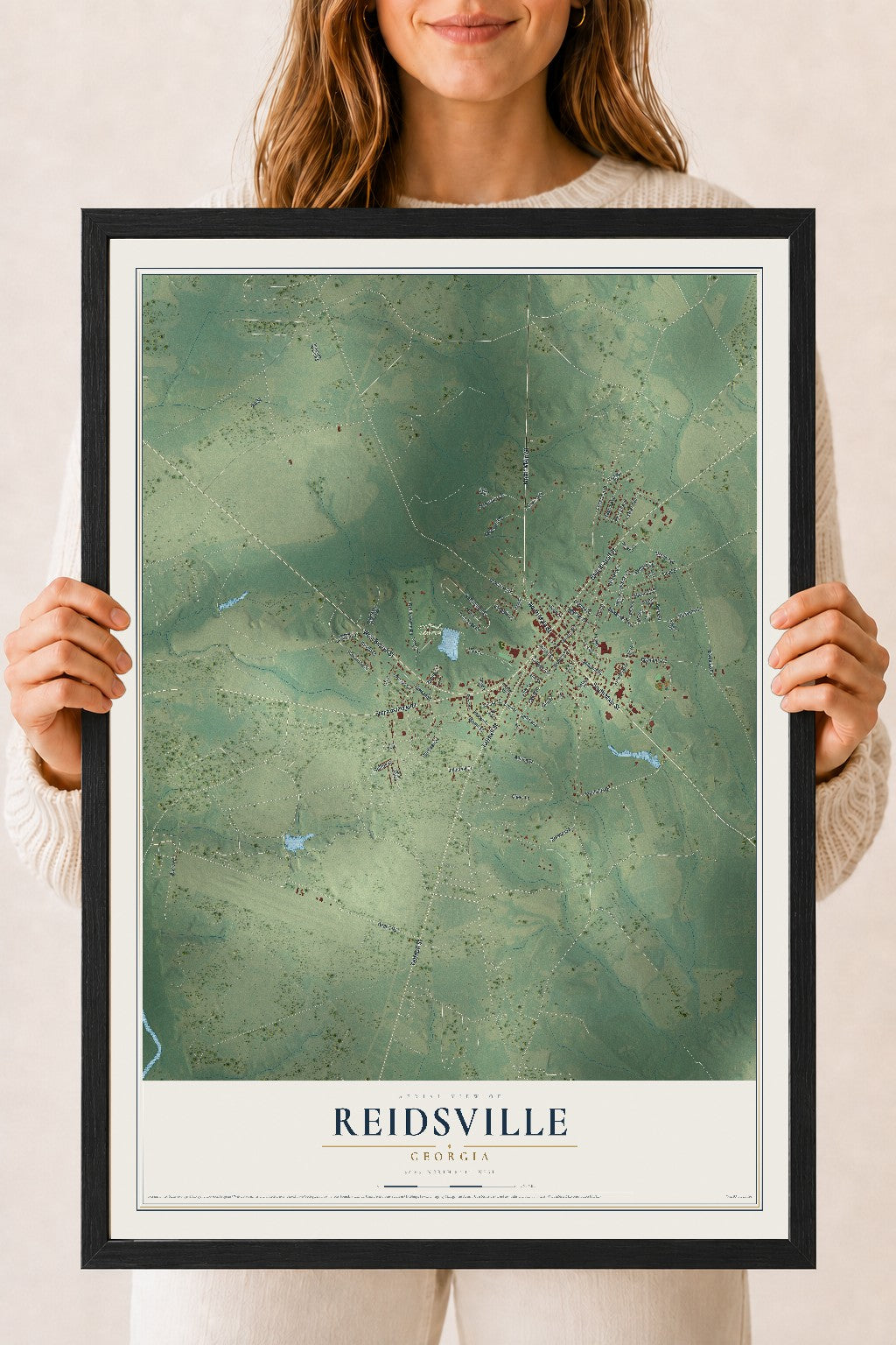Reidsville, Georgia map print, 18" x 24" W/ Black Ayous Wood Frame mockup
