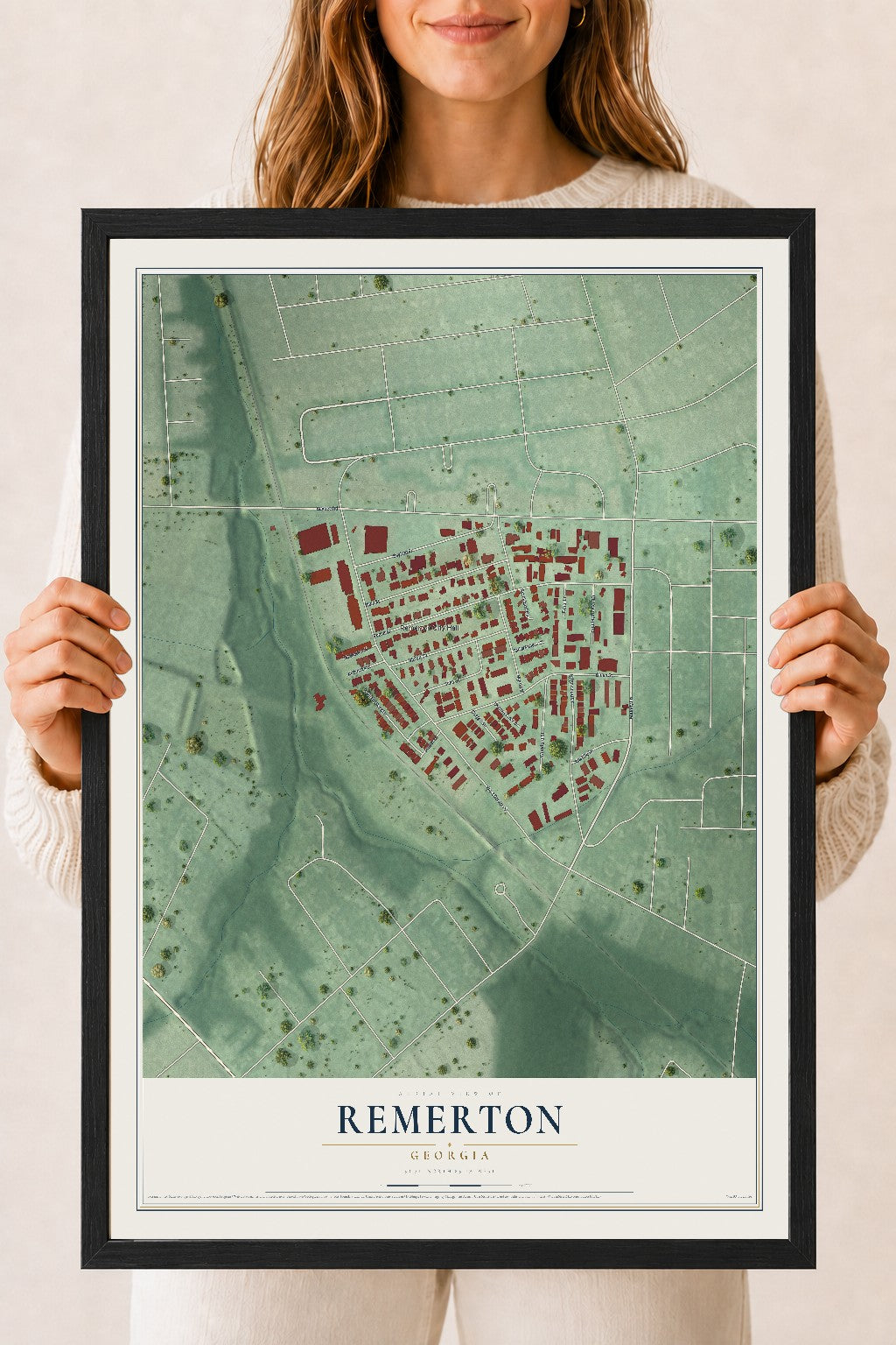 Remerton, Georgia map print, 18" x 24" W/ Black Ayous Wood Frame mockup