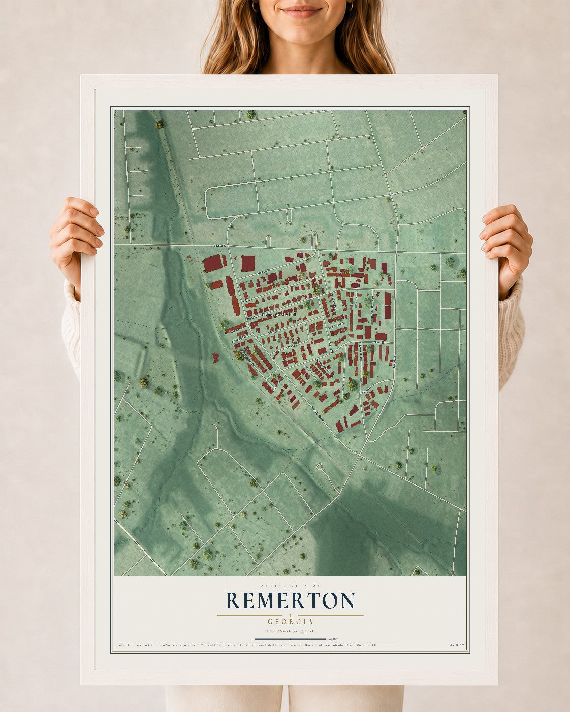 Remerton, Georgia map print, 24" x 36" W/ White Ayous Wood Frame mockup