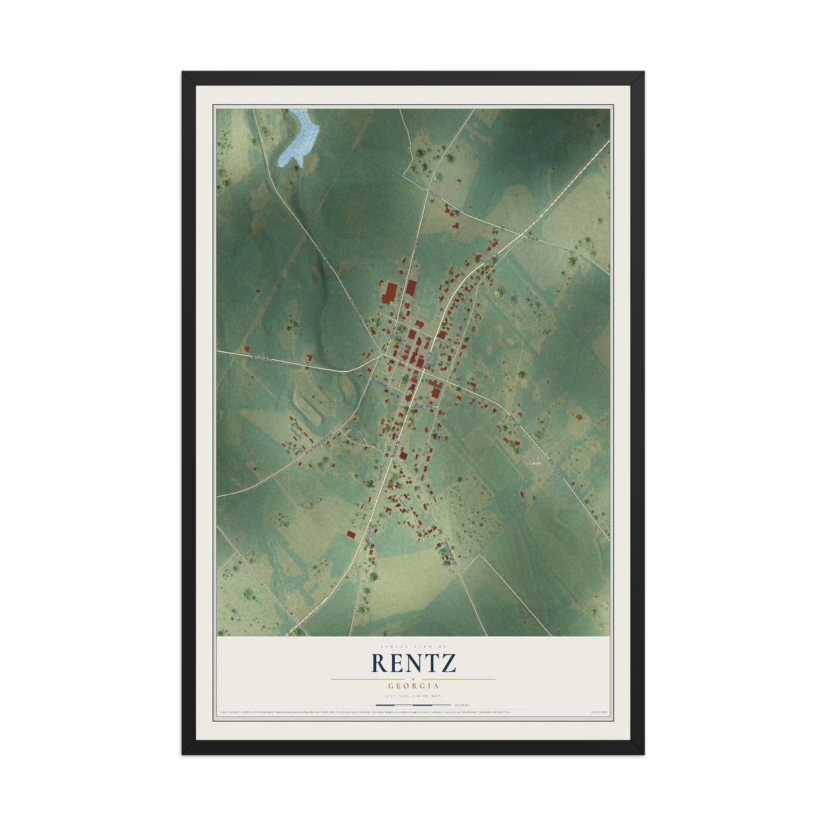 Rentz, Georgia map print, 12" x 18" W/ Black Ayous Wood Frame mockup