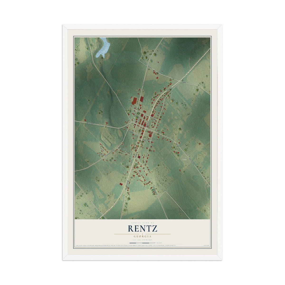 Rentz, Georgia map print, 12" x 18" W/ White Ayous Wood Frame mockup