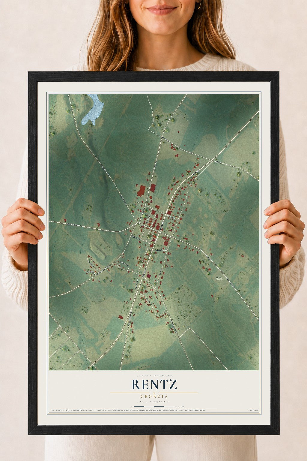 Rentz, Georgia map print, 18" x 24" W/ Black Ayous Wood Frame mockup