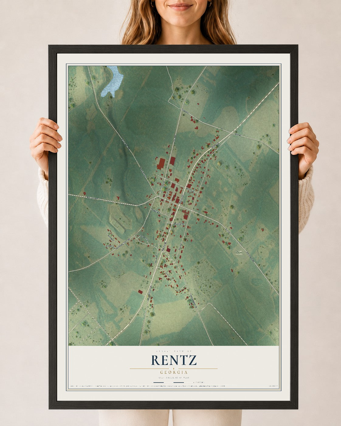 Rentz, Georgia map print, 24" x 36" W/ Black Ayous Wood Frame mockup