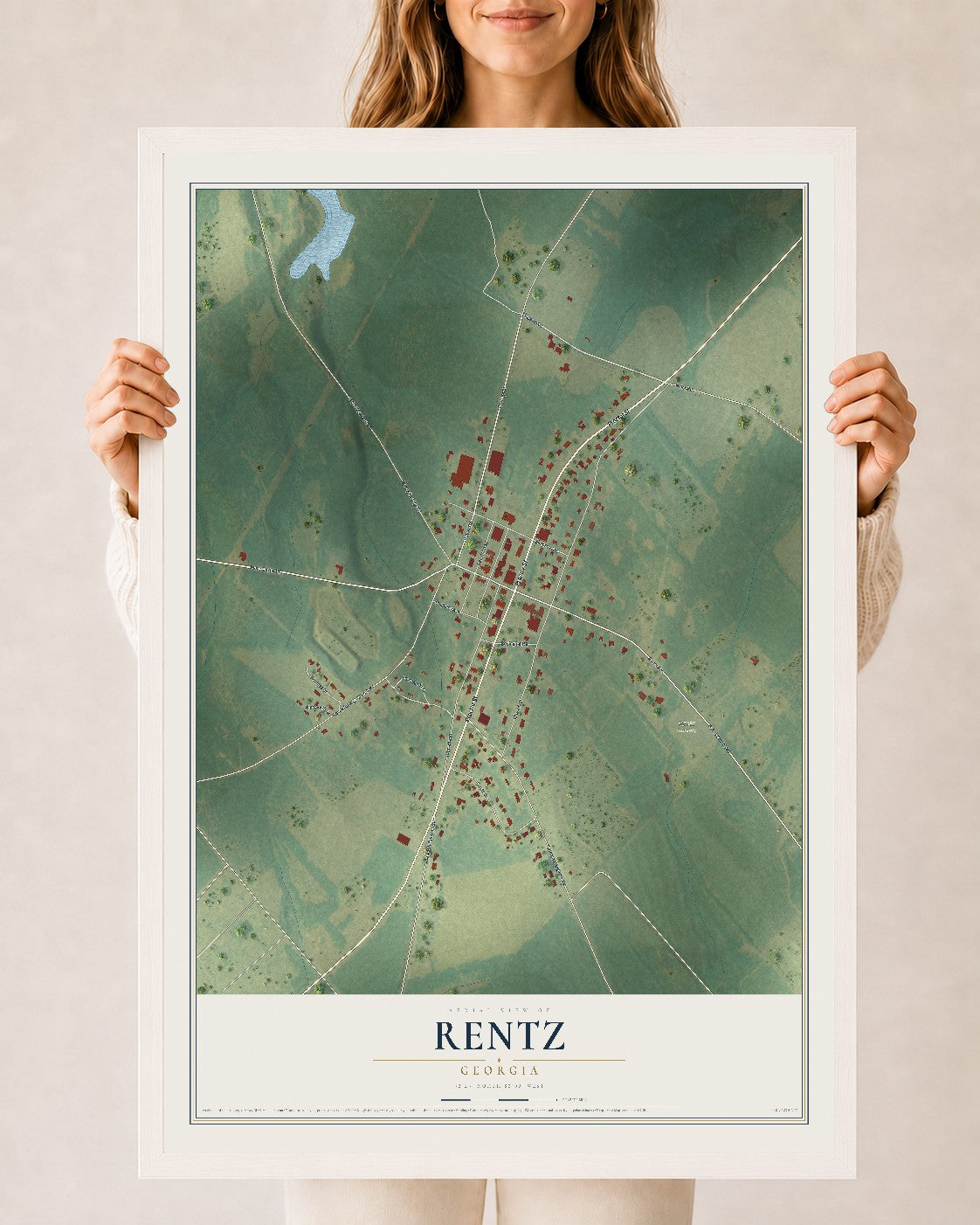 Rentz, Georgia map print, 24" x 36" W/ White Ayous Wood Frame mockup