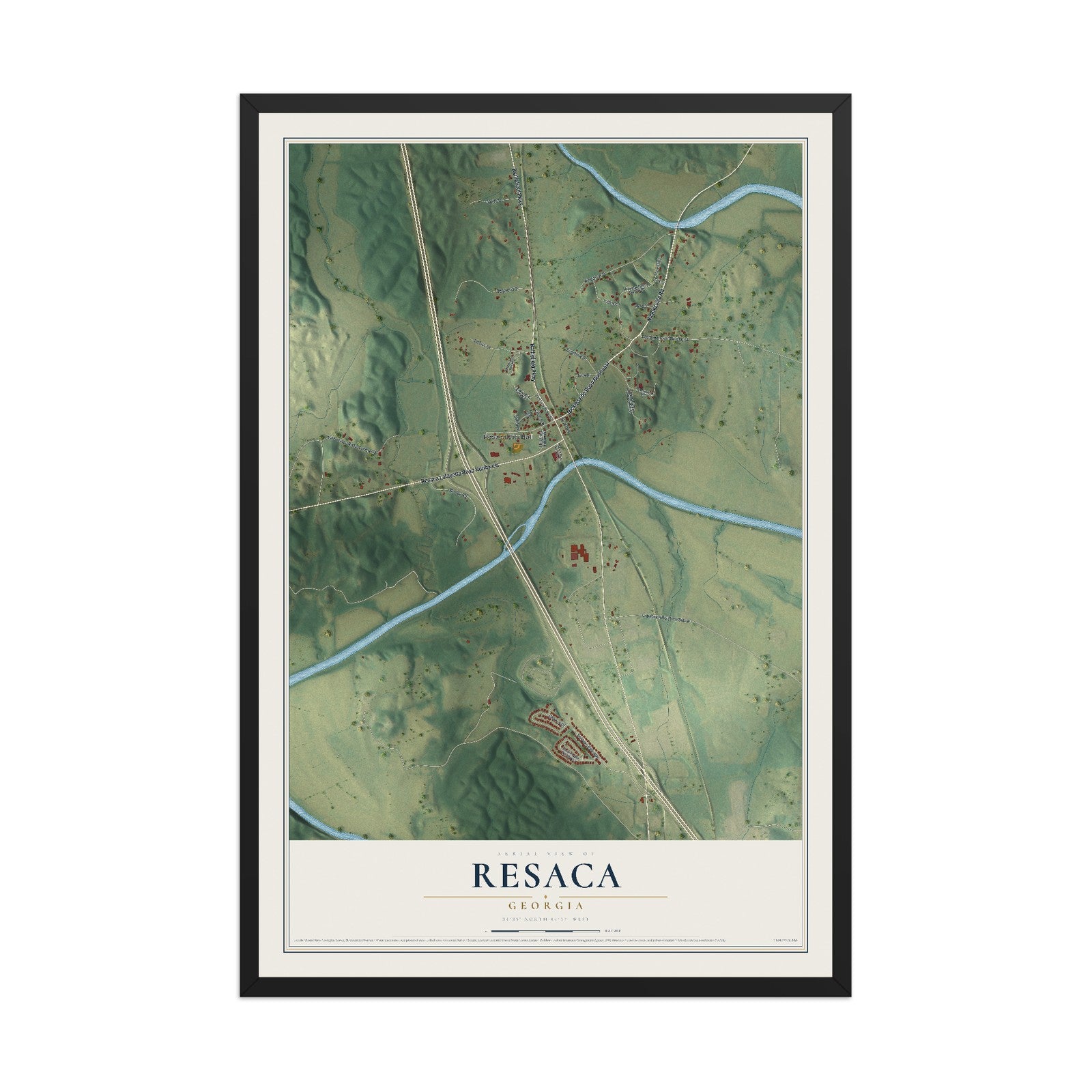 Resaca, Georgia map print, 12" x 18" W/ Black Ayous Wood Frame mockup