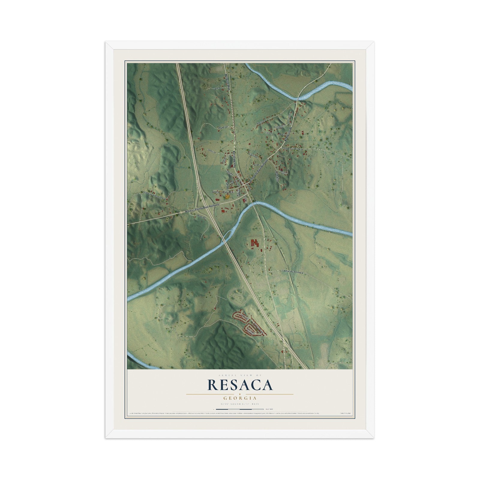 Resaca, Georgia map print, 12" x 18" W/ White Ayous Wood Frame mockup