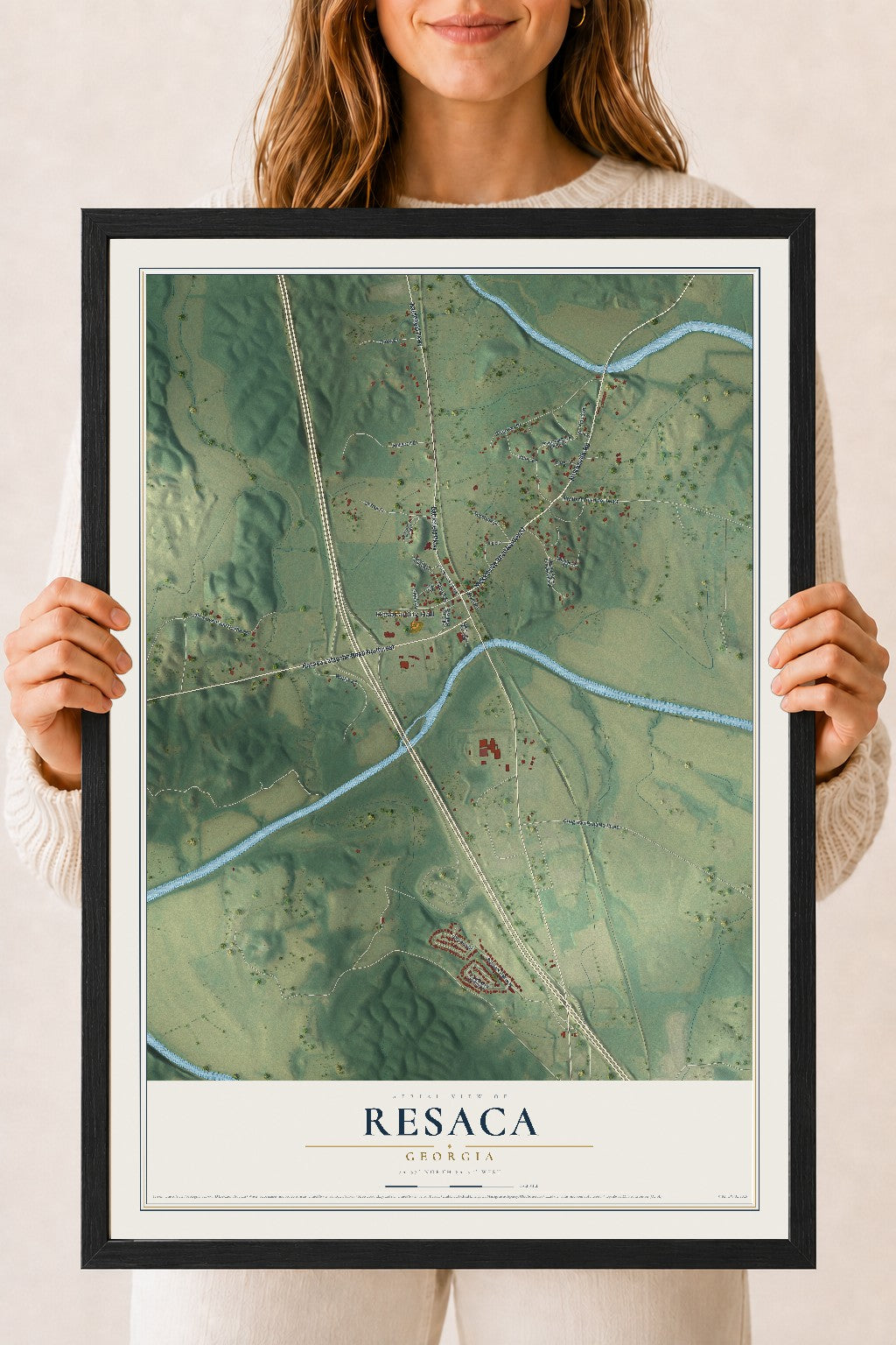 Resaca, Georgia map print, 18" x 24" W/ Black Ayous Wood Frame mockup