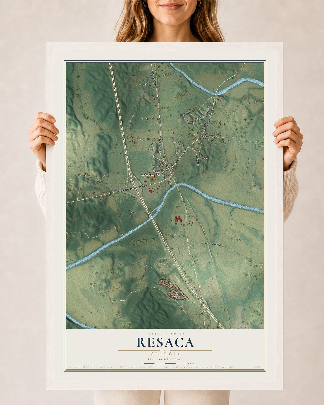 Resaca, Georgia map print, 24" x 36" W/ White Ayous Wood Frame mockup