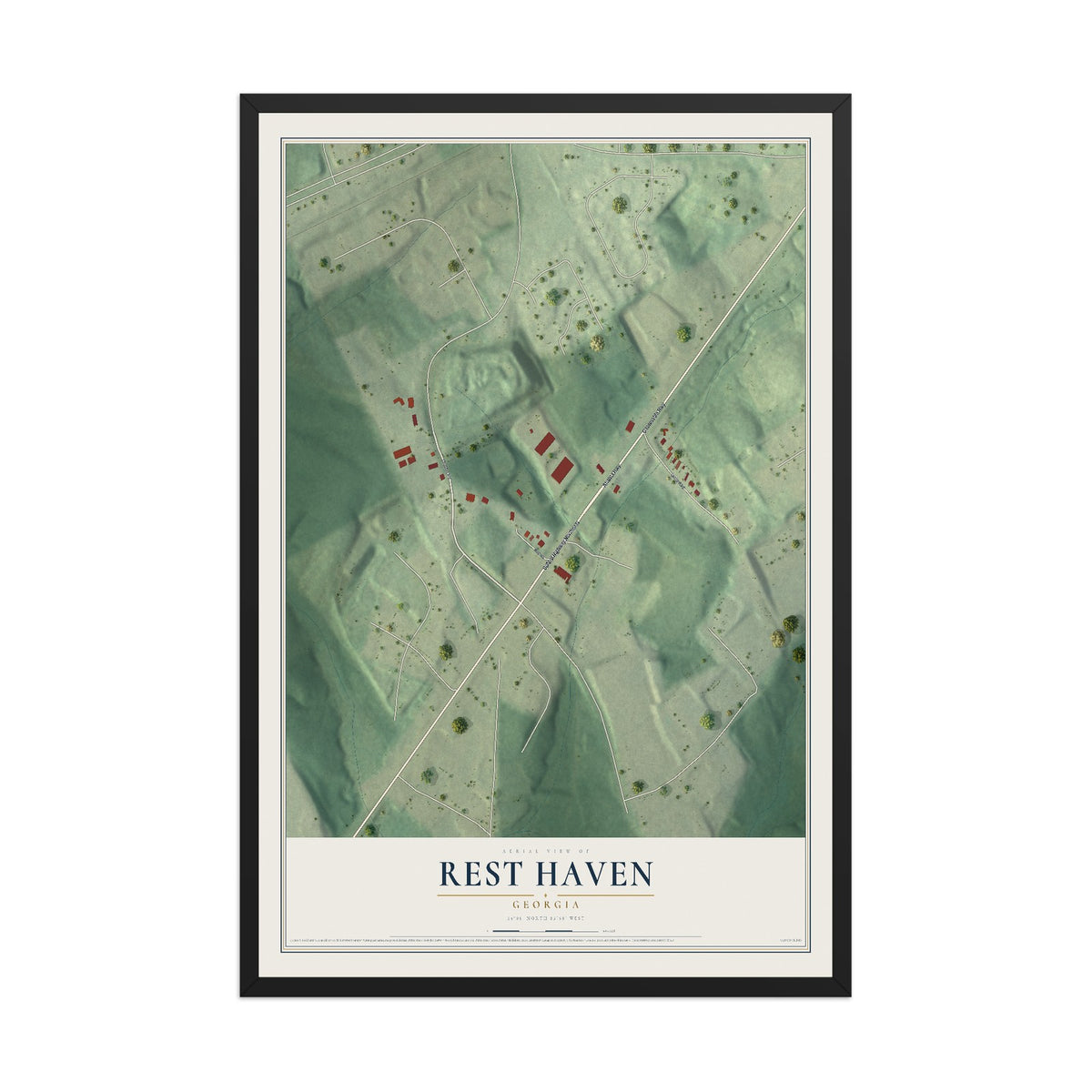 Rest Haven, Georgia map print, 12" x 18" W/ Black Ayous Wood Frame mockup