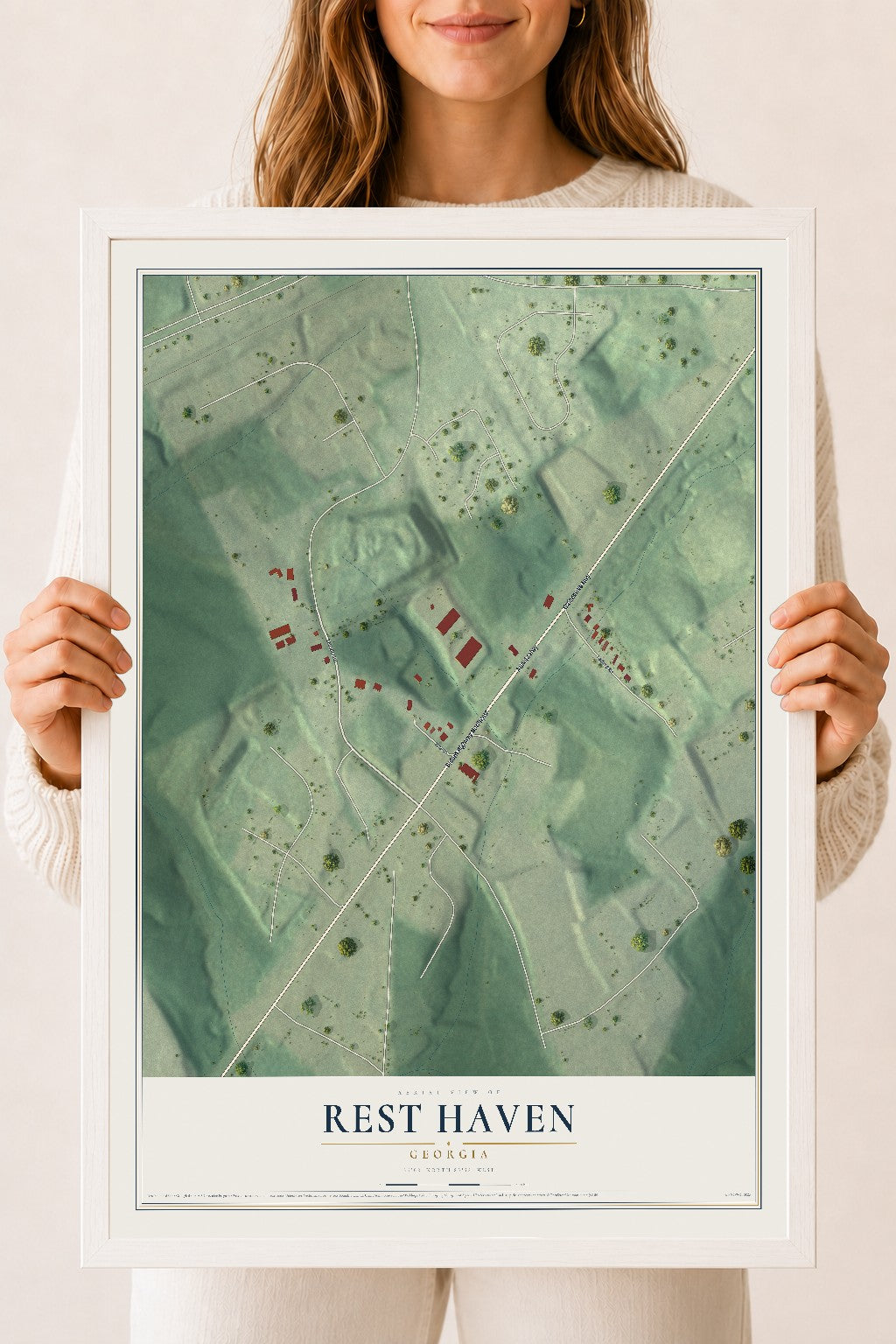 Rest Haven, Georgia map print, 18" x 24" W/ White Ayous Wood Frame mockup