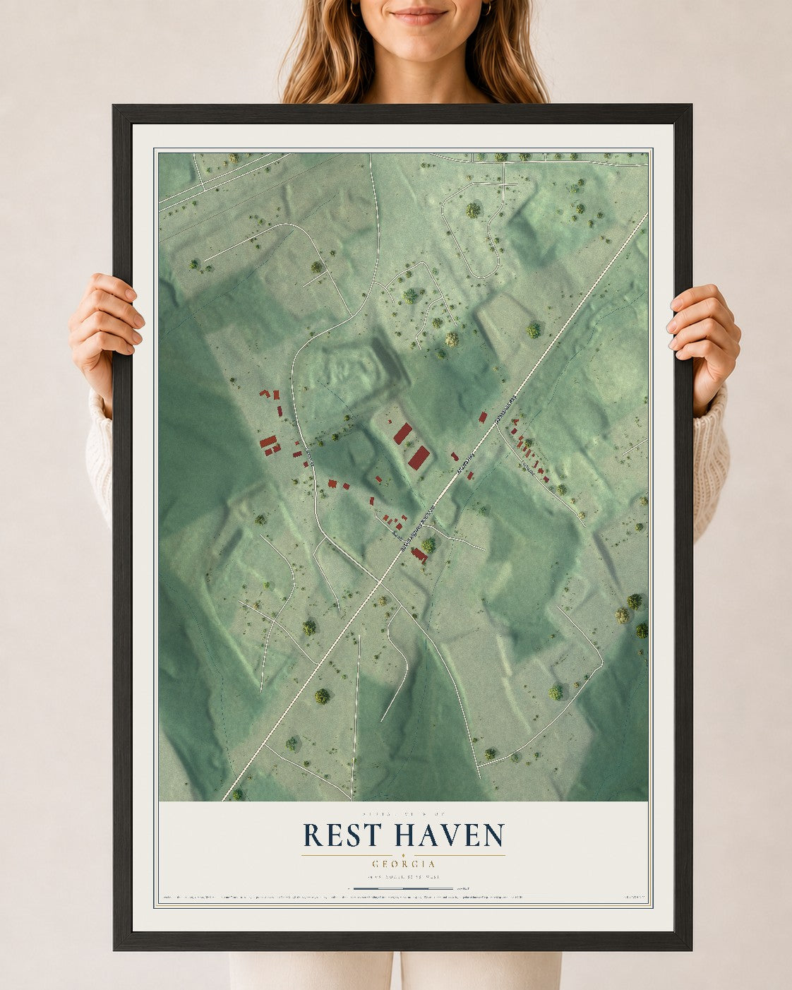 Rest Haven, Georgia map print, 24" x 36" W/ Black Ayous Wood Frame mockup