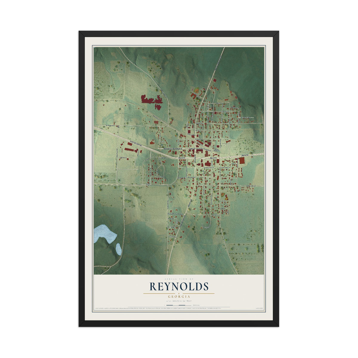 Reynolds, Georgia map print, 12" x 18" W/ Black Ayous Wood Frame mockup