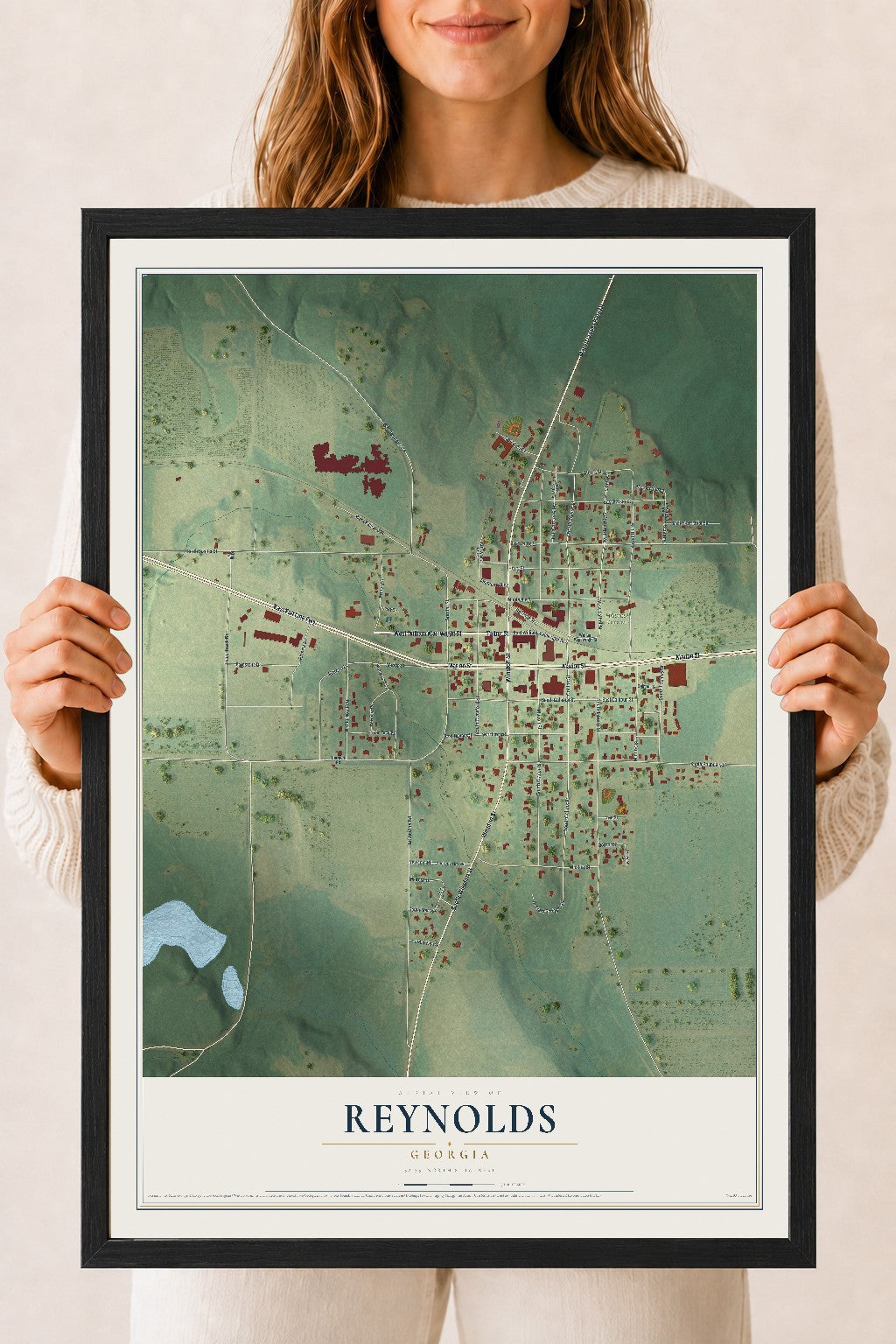 Reynolds, Georgia map print, 18" x 24" W/ Black Ayous Wood Frame mockup