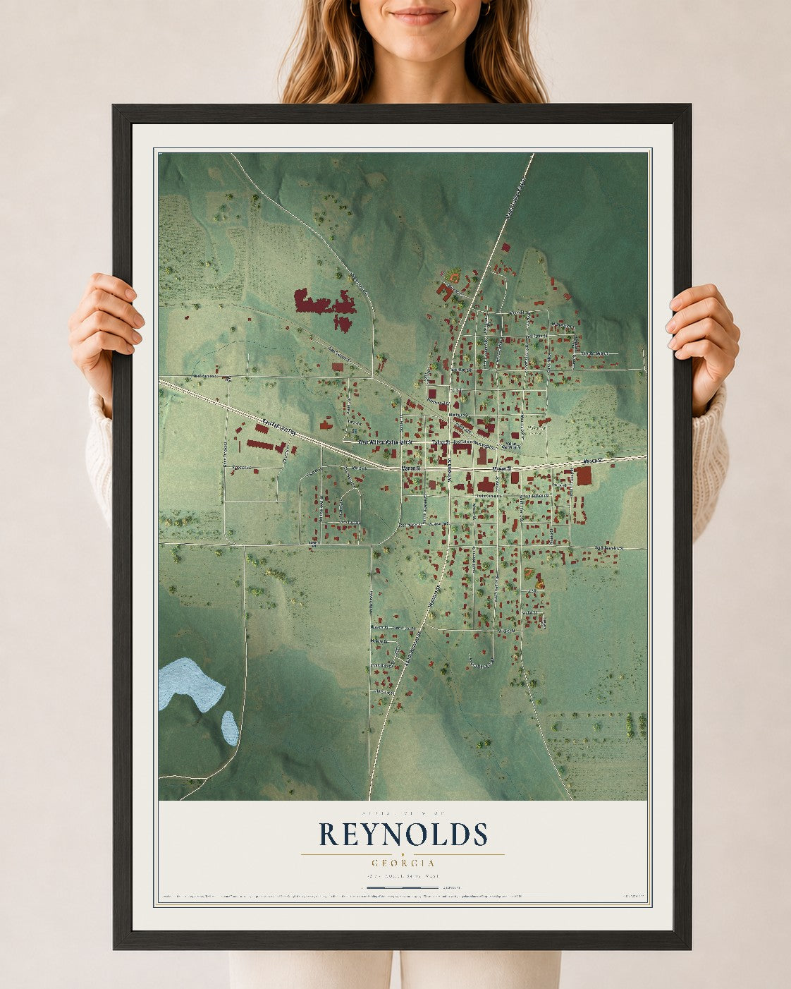 Reynolds, Georgia map print, 24" x 36" W/ Black Ayous Wood Frame mockup