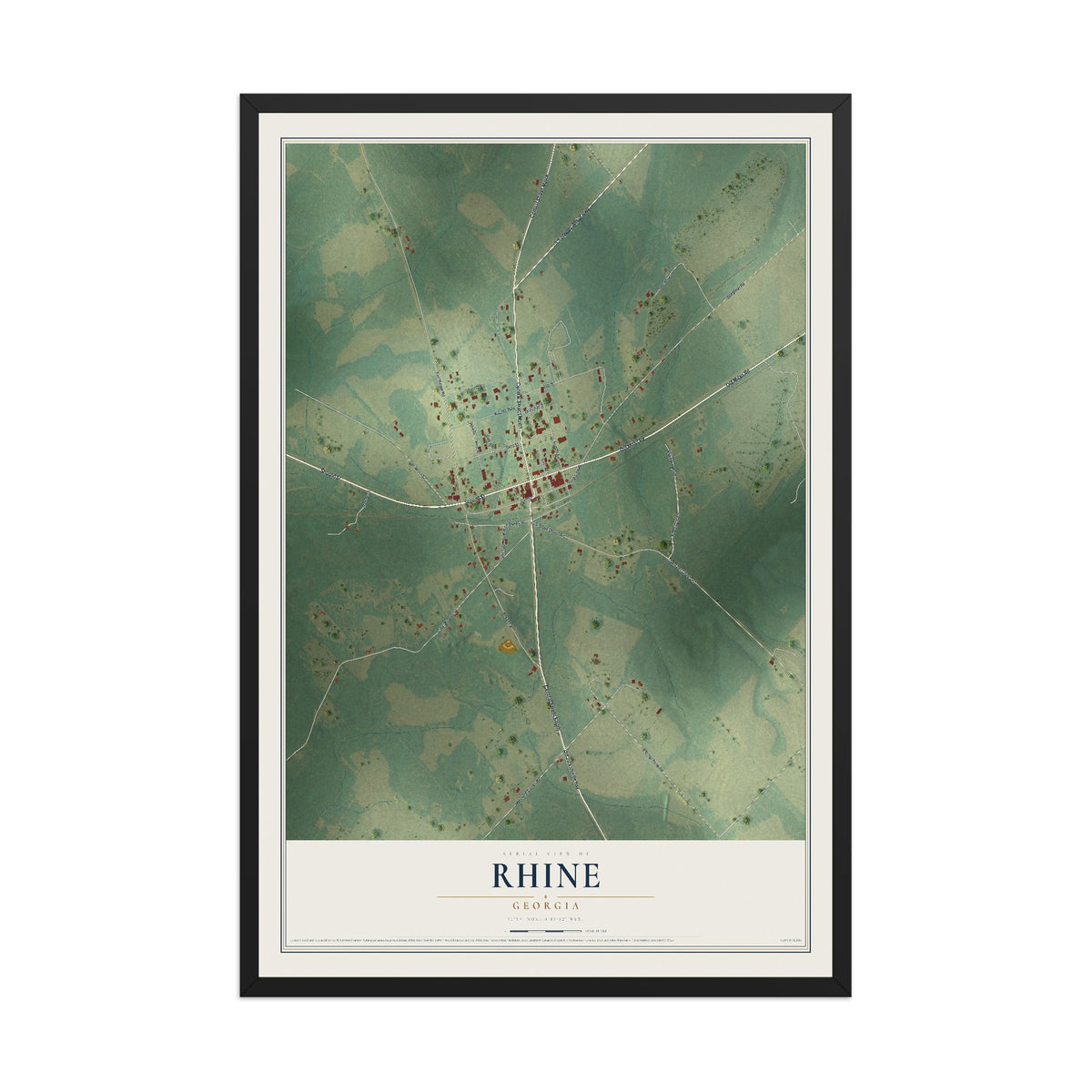 Rhine, Georgia map print, 12" x 18" W/ Black Ayous Wood Frame mockup
