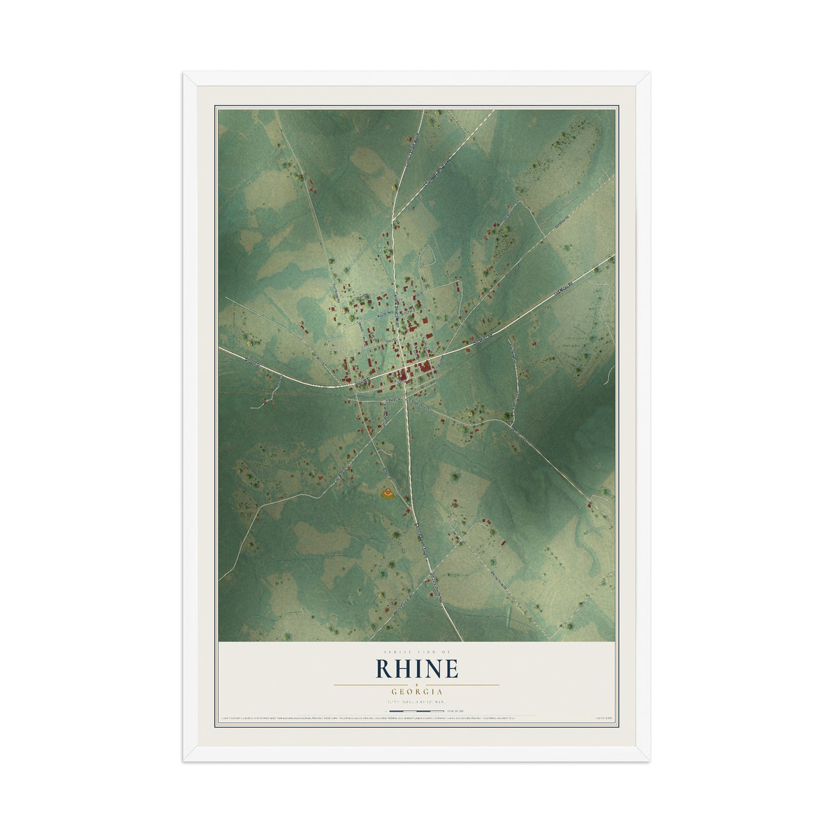 Rhine, Georgia map print, 12" x 18" W/ White Ayous Wood Frame mockup