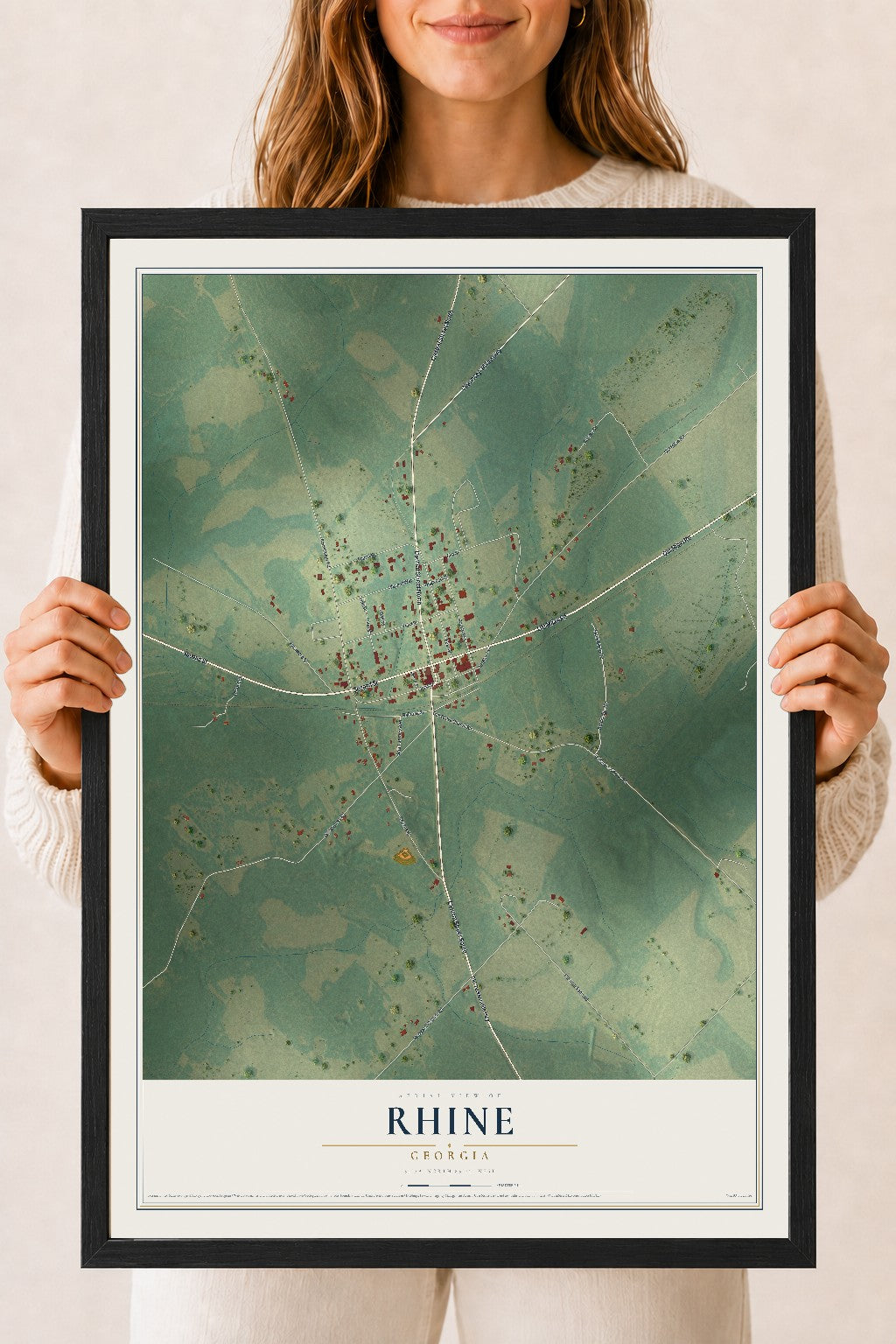 Rhine, Georgia map print, 18" x 24" W/ Black Ayous Wood Frame mockup