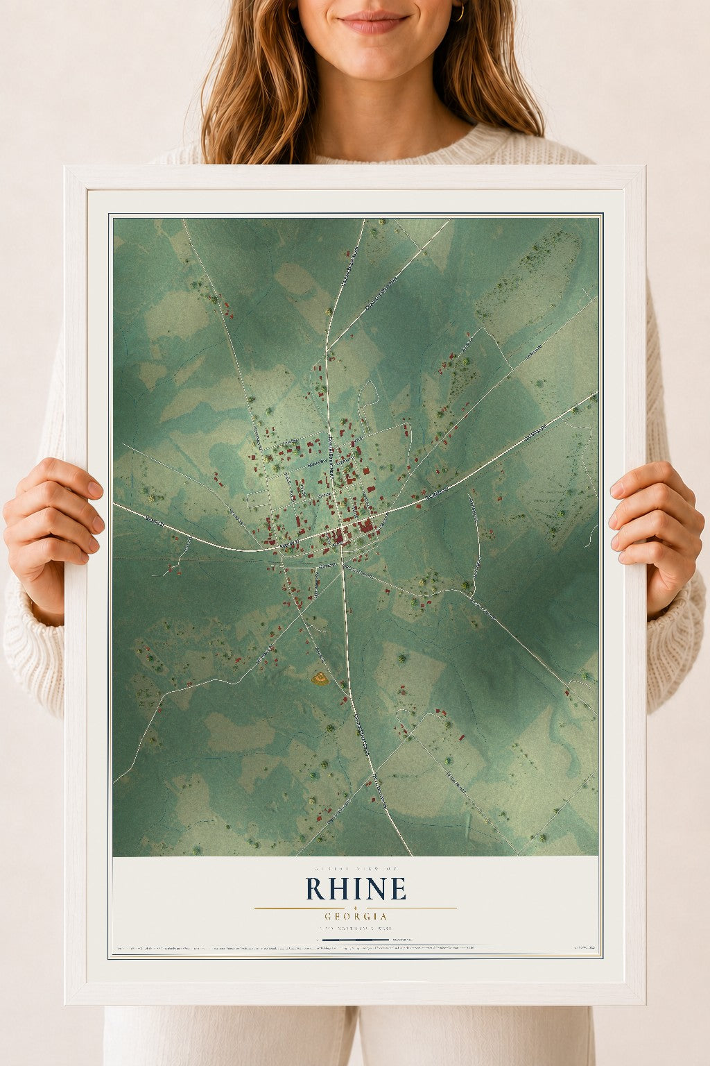 Rhine, Georgia map print, 18" x 24" W/ White Ayous Wood Frame mockup
